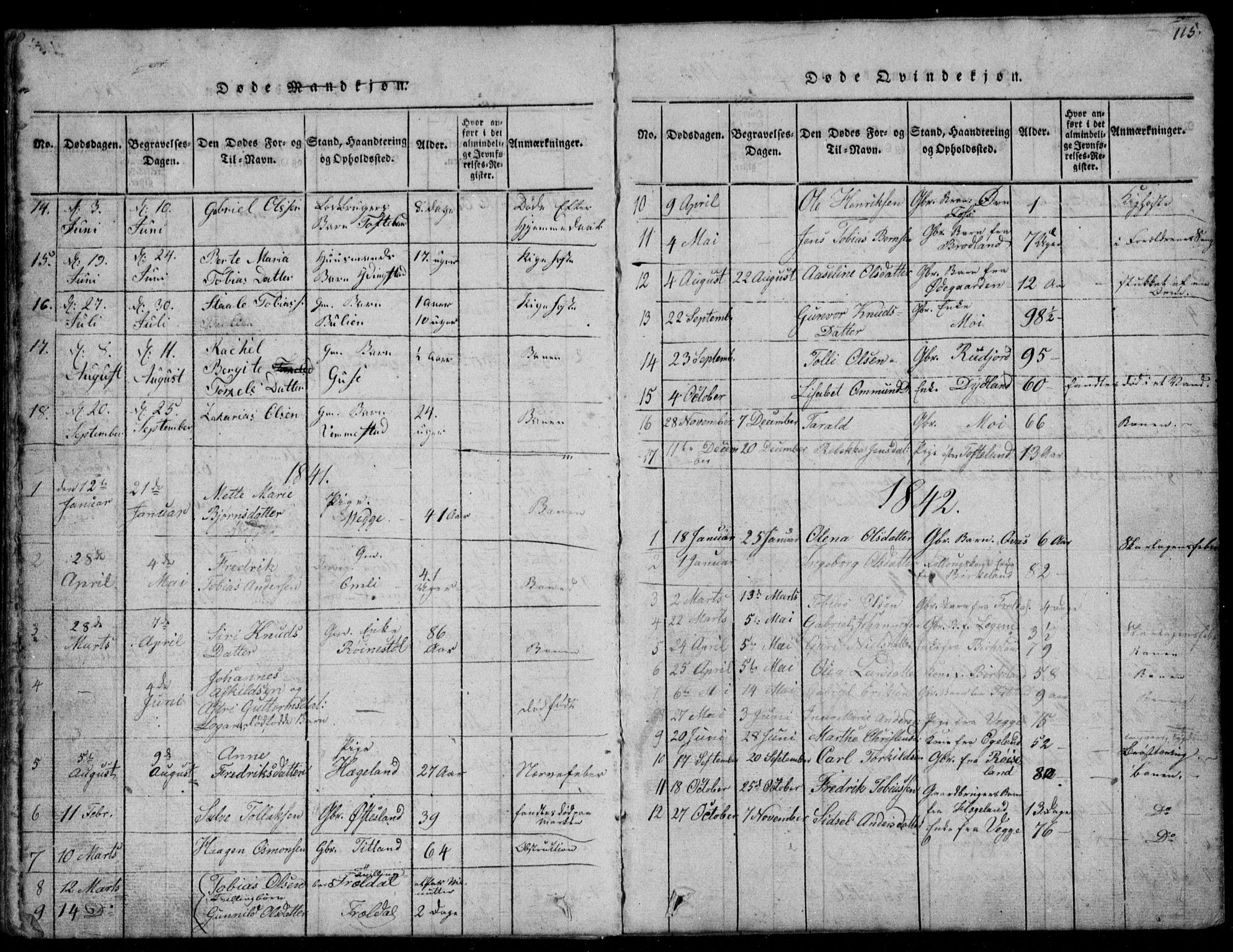 Lyngdal sokneprestkontor, AV/SAK-1111-0029/F/Fb/Fbb/L0001: Parish register (copy) no. B 1, 1816-1900, p. 115