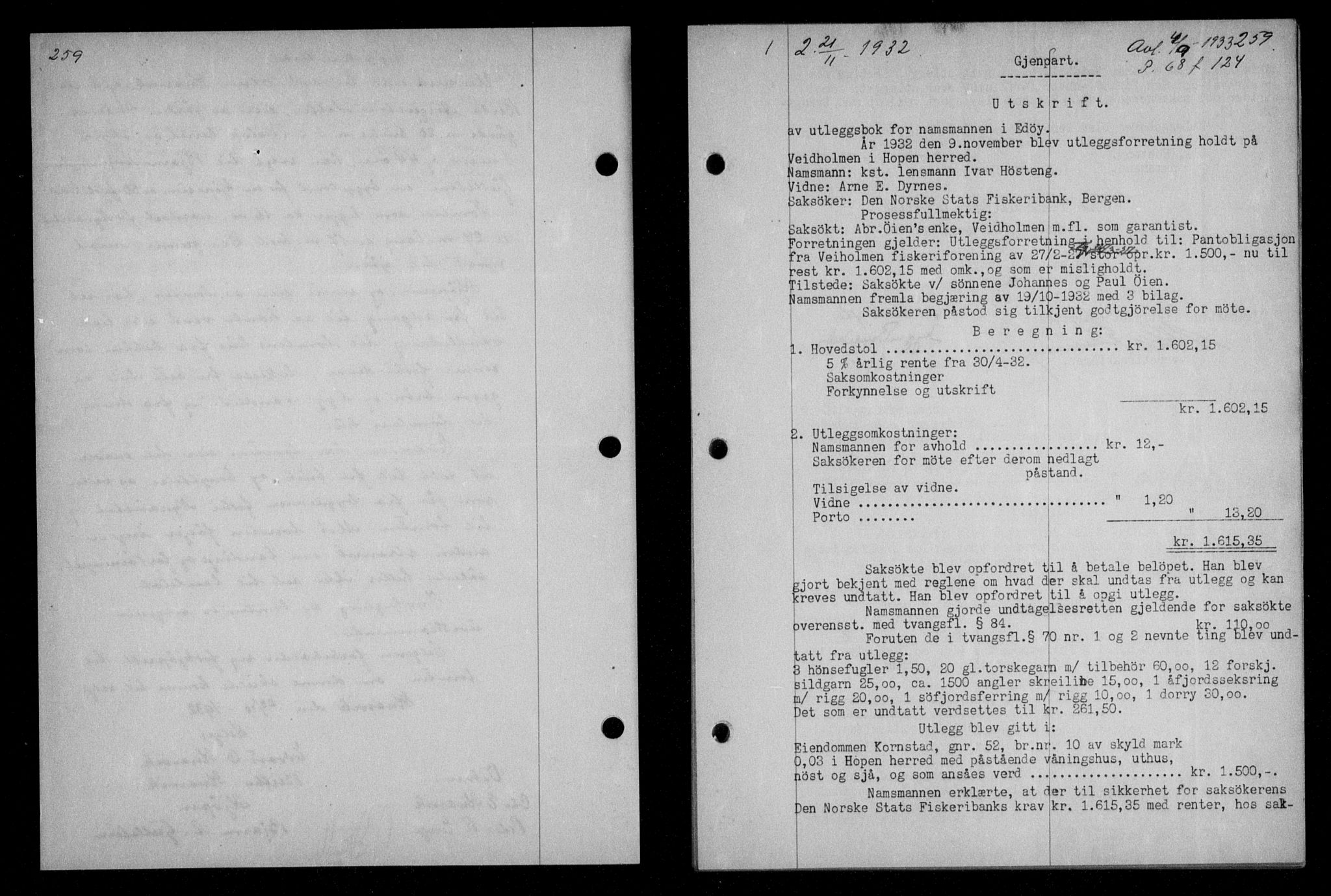 Nordmøre sorenskriveri, AV/SAT-A-4132/1/2/2Ca/L0076: Mortgage book no. 66, 1932-1933, Deed date: 21.11.1932