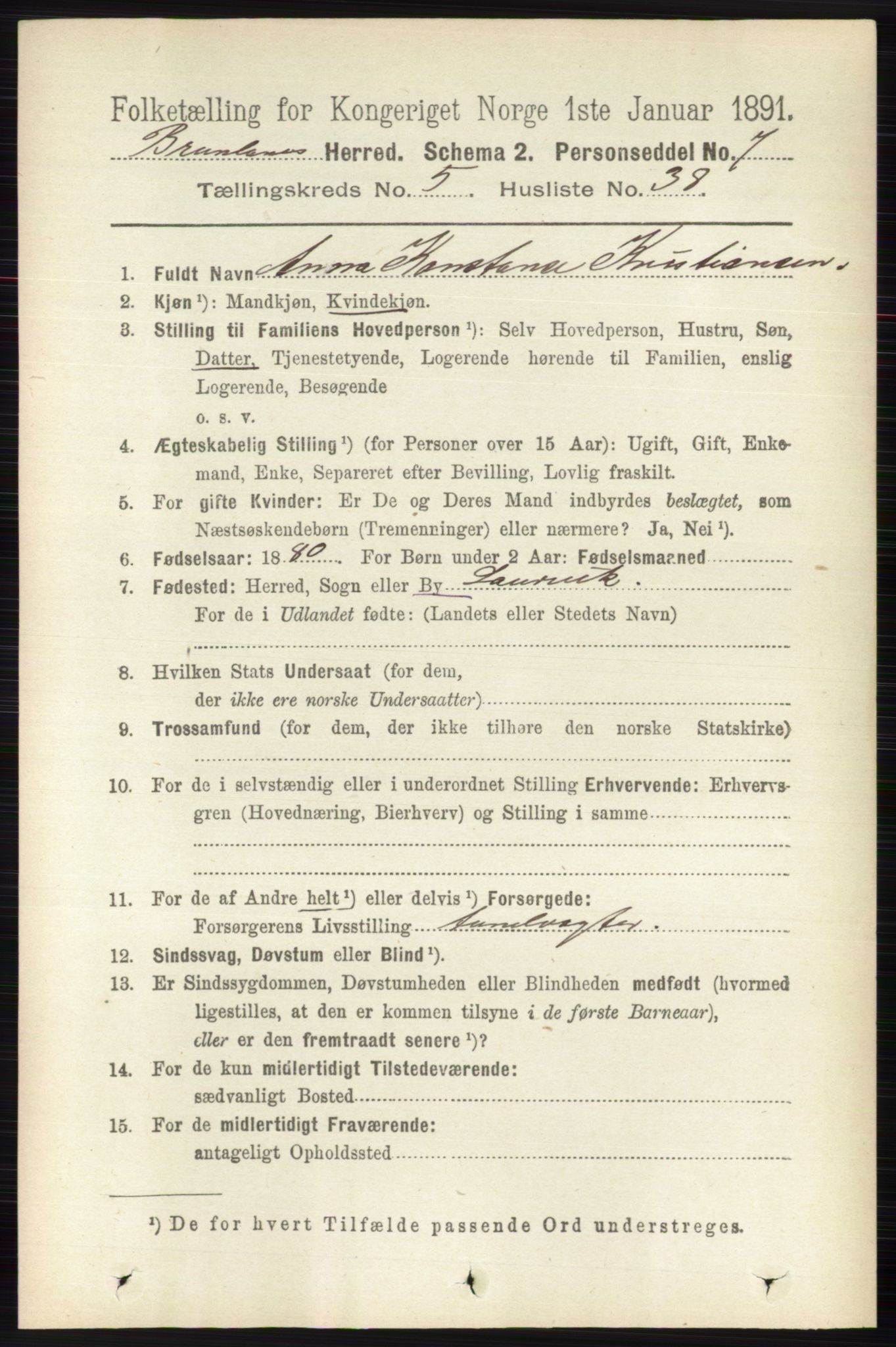 RA, 1891 census for 0726 Brunlanes, 1891, p. 2433