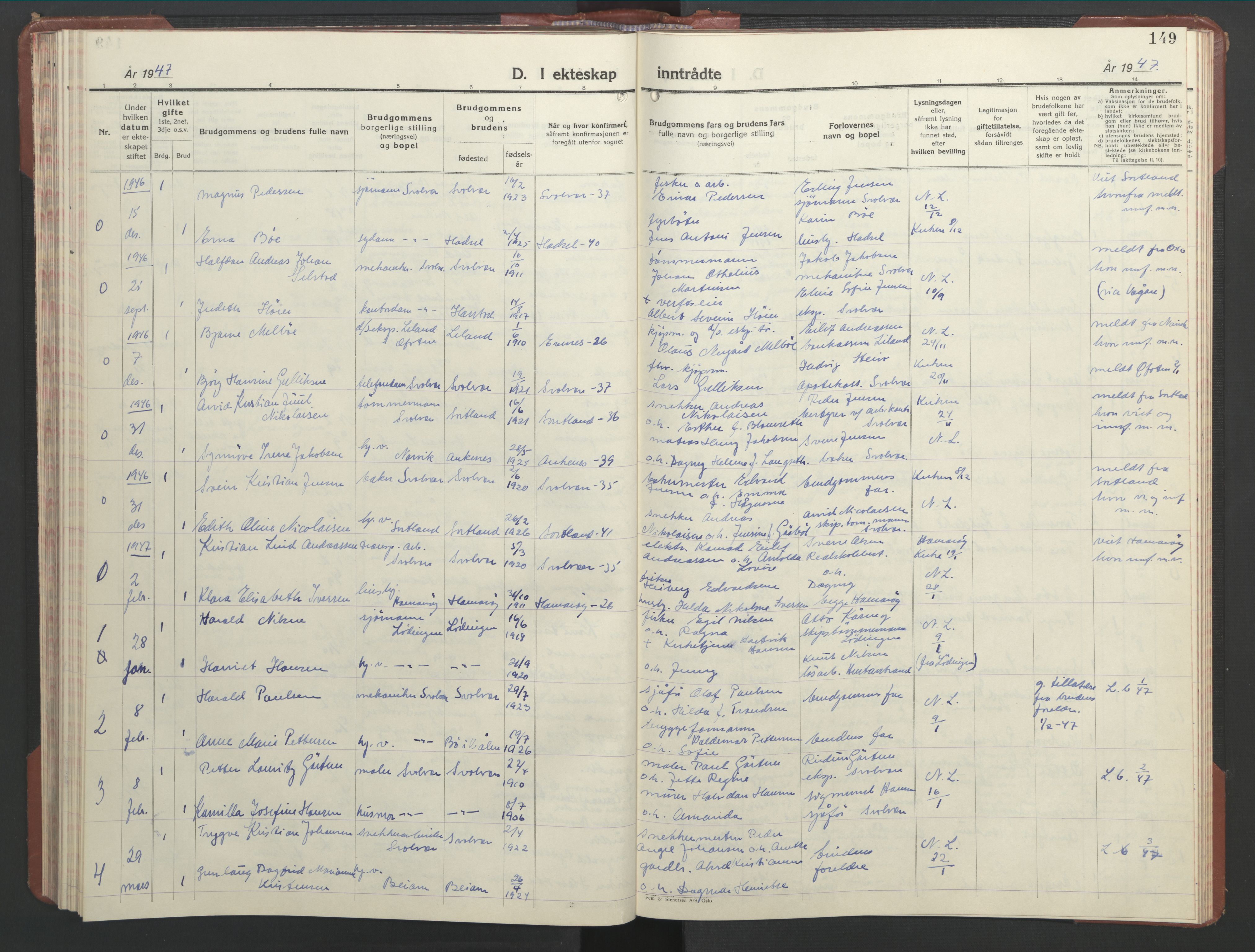 Ministerialprotokoller, klokkerbøker og fødselsregistre - Nordland, AV/SAT-A-1459/877/L1118: Parish register (copy) no. 877C02, 1939-1950, p. 149