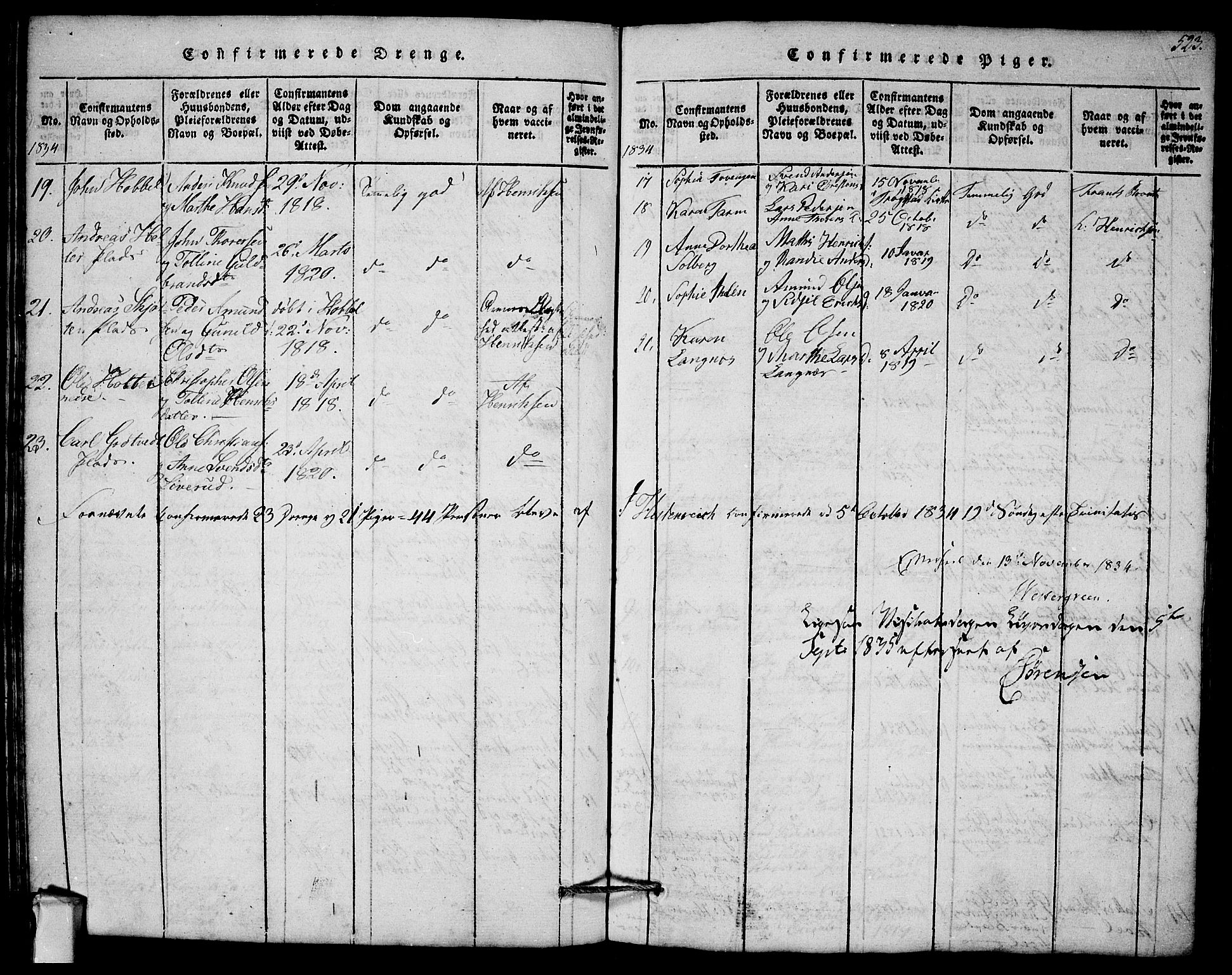 Askim prestekontor Kirkebøker, SAO/A-10900/G/Ga/L0001: Parish register (copy) no. 1, 1817-1846, p. 522-523