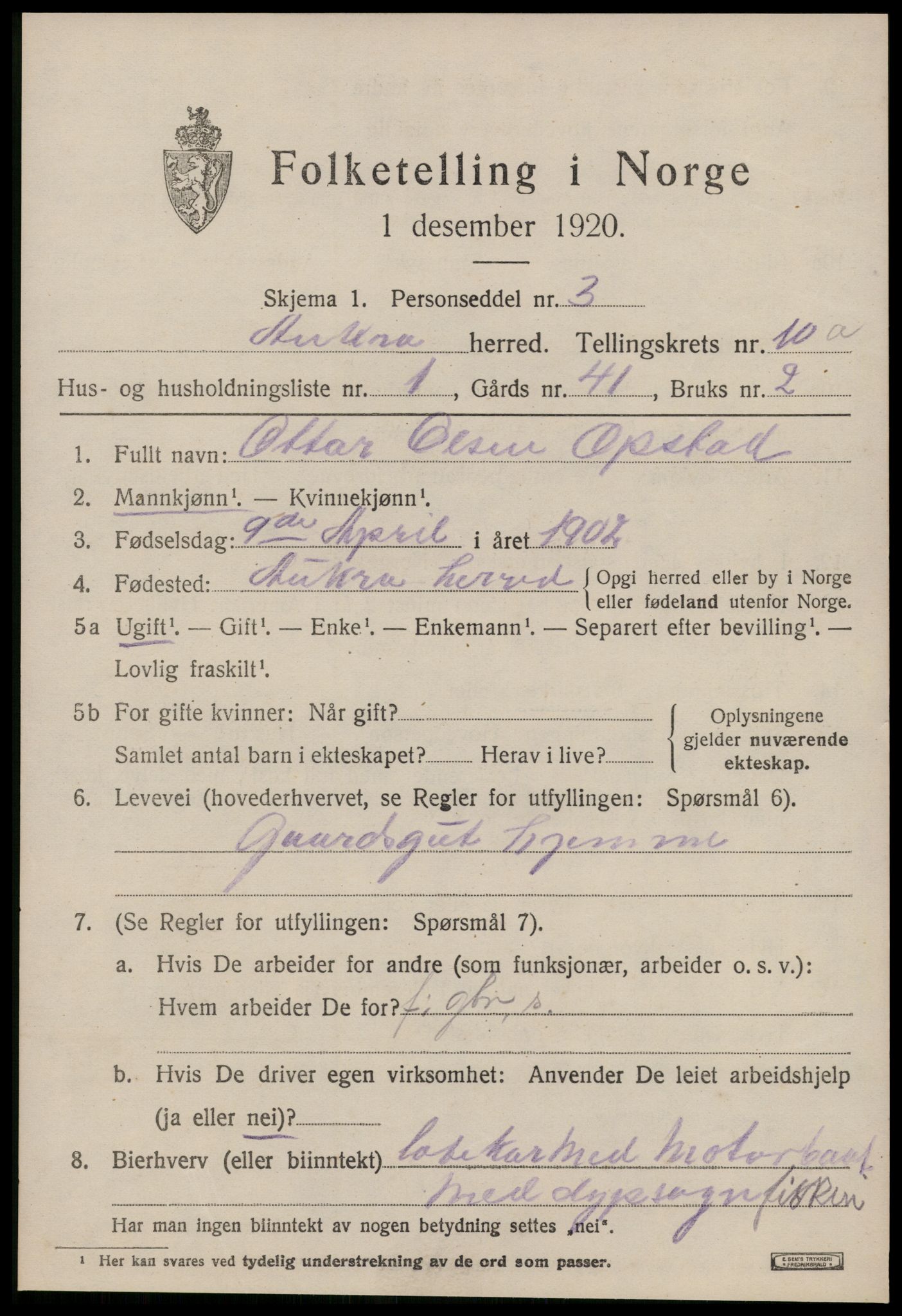 SAT, 1920 census for Aukra, 1920, p. 4843