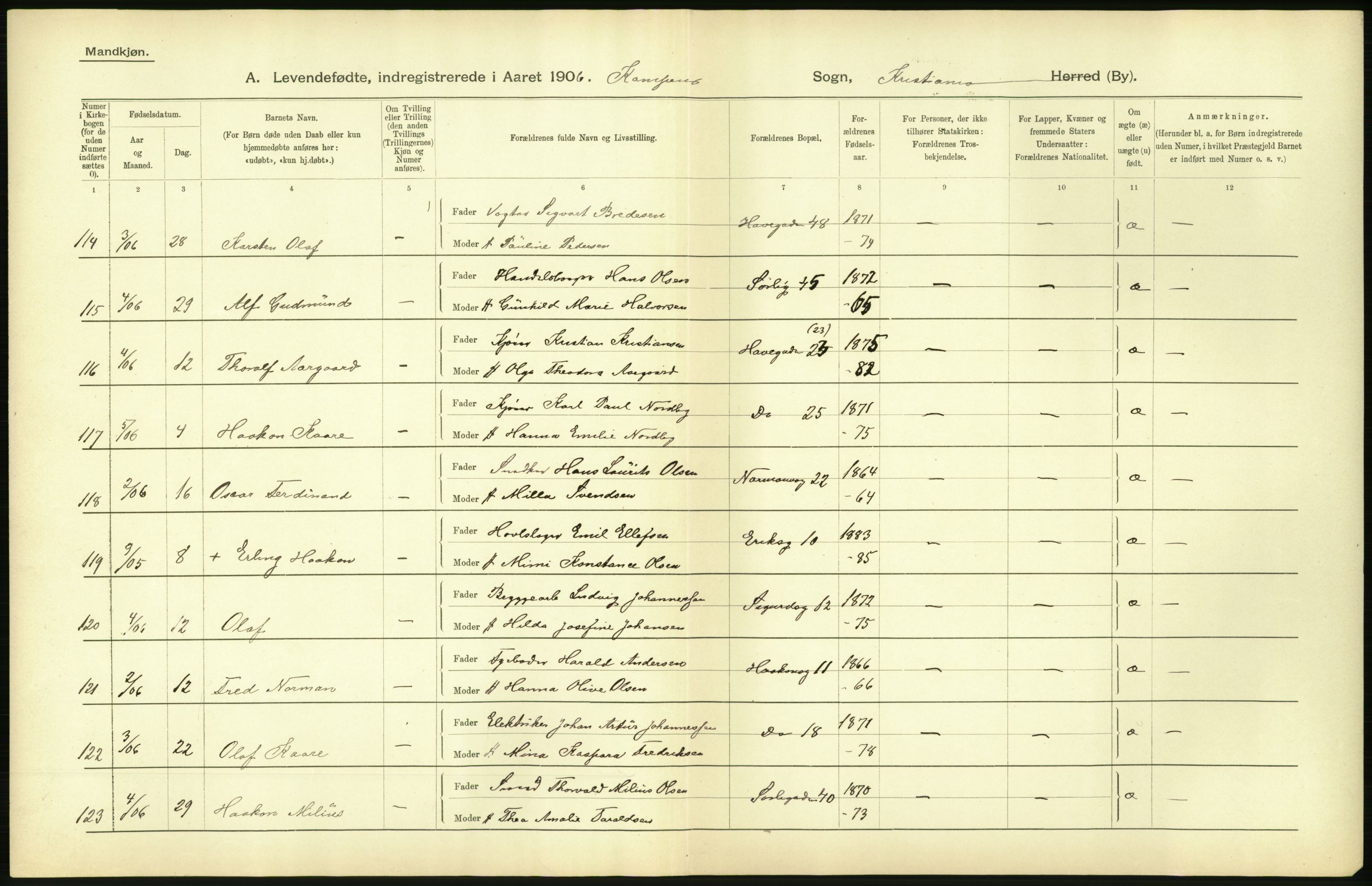 Statistisk sentralbyrå, Sosiodemografiske emner, Befolkning, AV/RA-S-2228/D/Df/Dfa/Dfad/L0007: Kristiania: Levendefødte menn og kvinner., 1906, p. 718