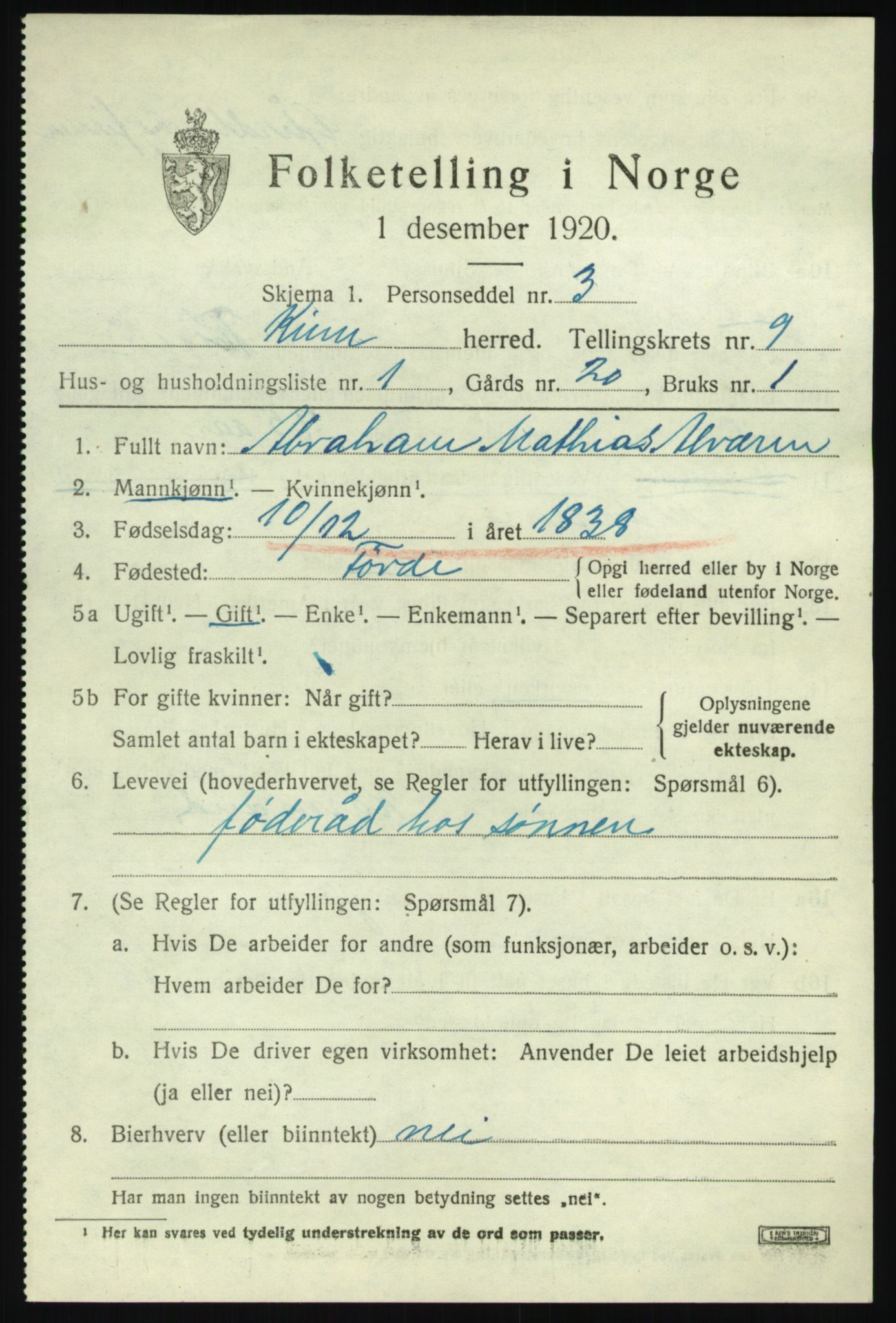 SAB, 1920 census for Kinn, 1920, p. 3311