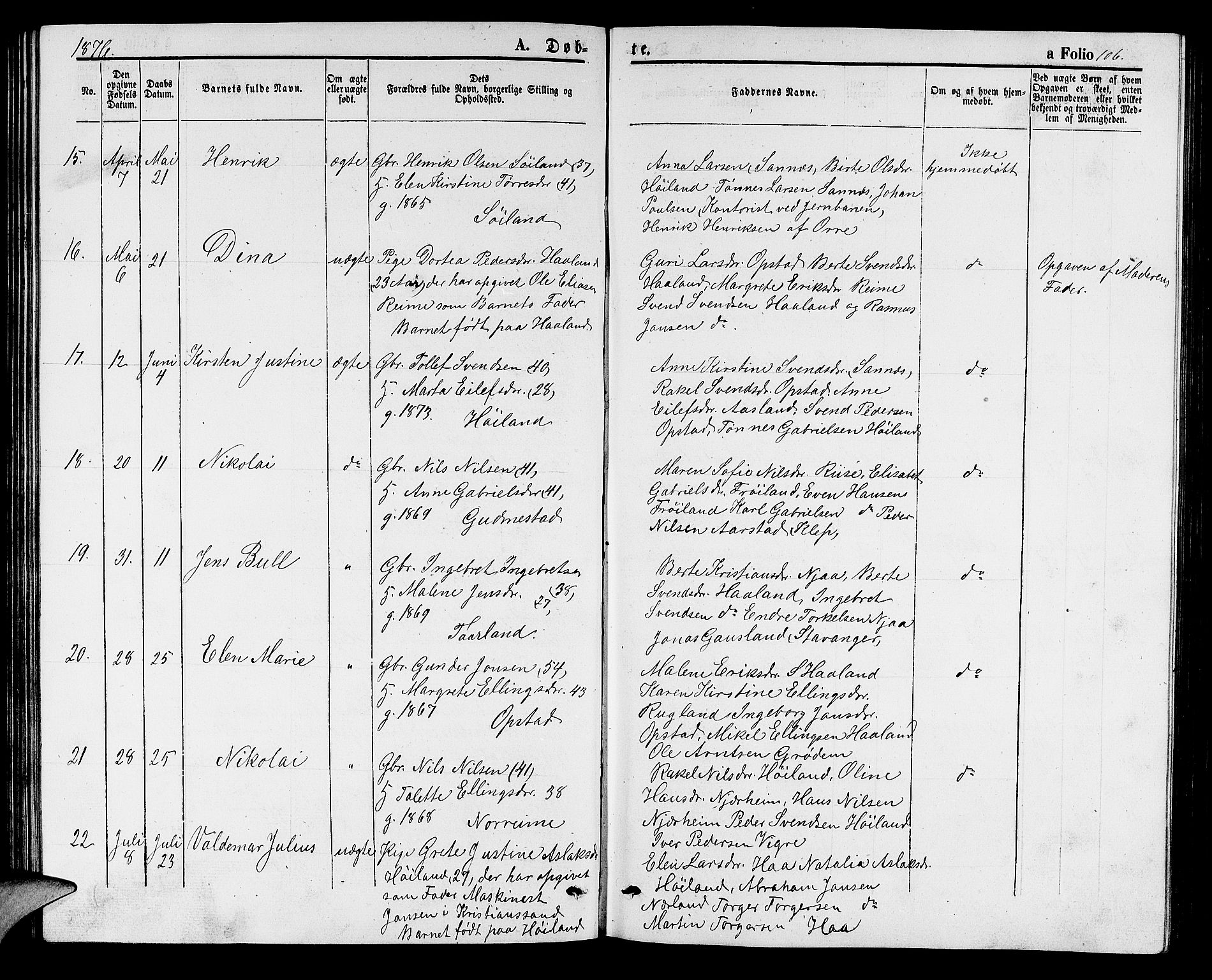 Hå sokneprestkontor, AV/SAST-A-101801/001/30BB/L0001: Parish register (copy) no. B 1, 1854-1883, p. 106