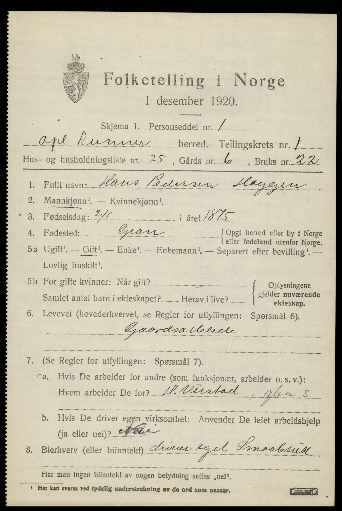 SAH, 1920 census for Lunner, 1920, p. 1931