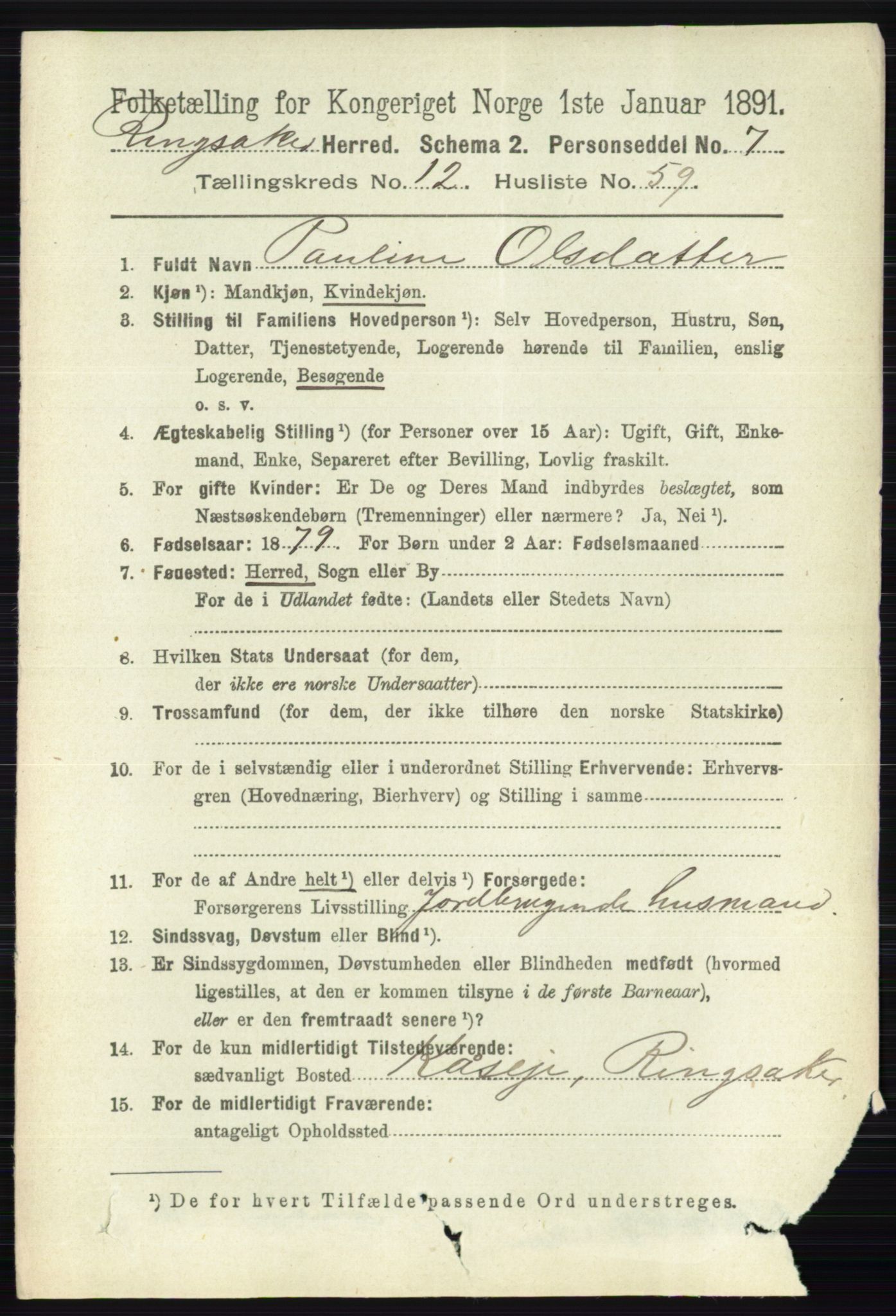 RA, 1891 census for 0412 Ringsaker, 1891, p. 7096