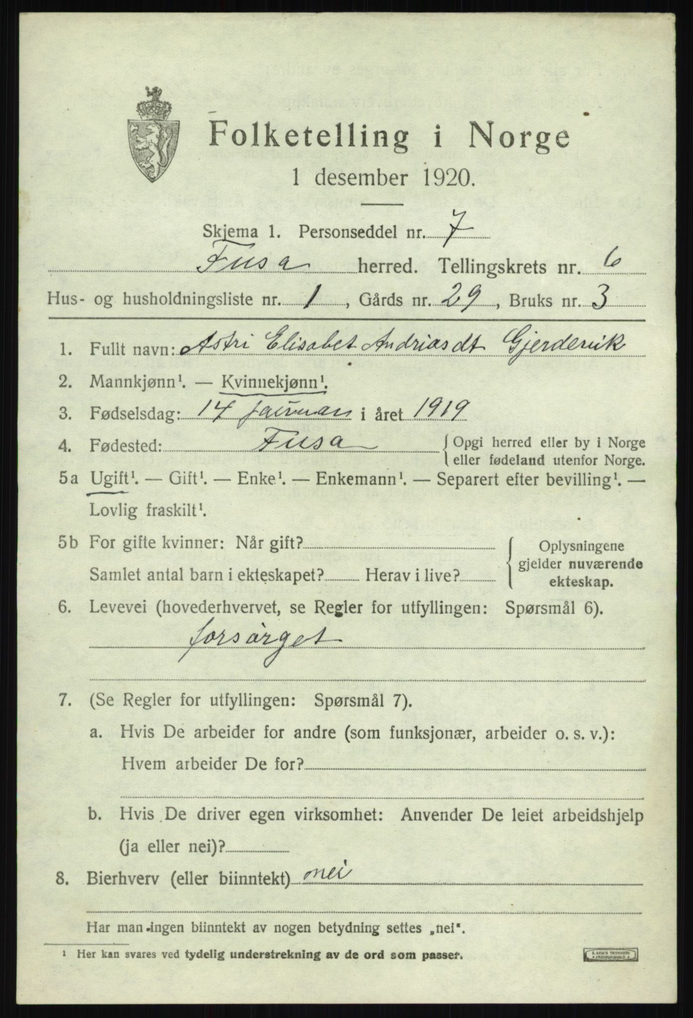 SAB, 1920 census for Fusa, 1920, p. 2471