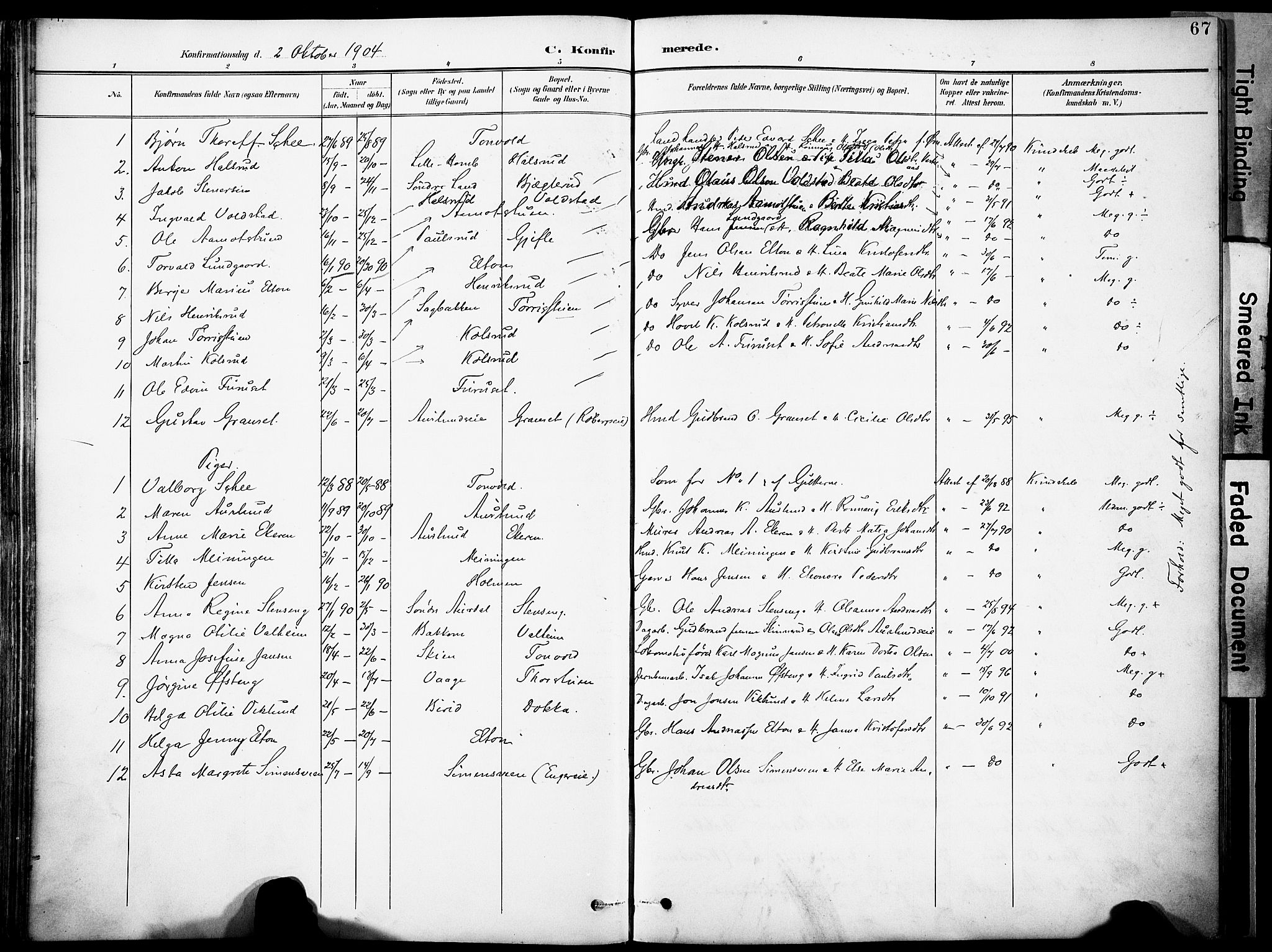 Nordre Land prestekontor, AV/SAH-PREST-124/H/Ha/Haa/L0006: Parish register (official) no. 6, 1897-1914, p. 67