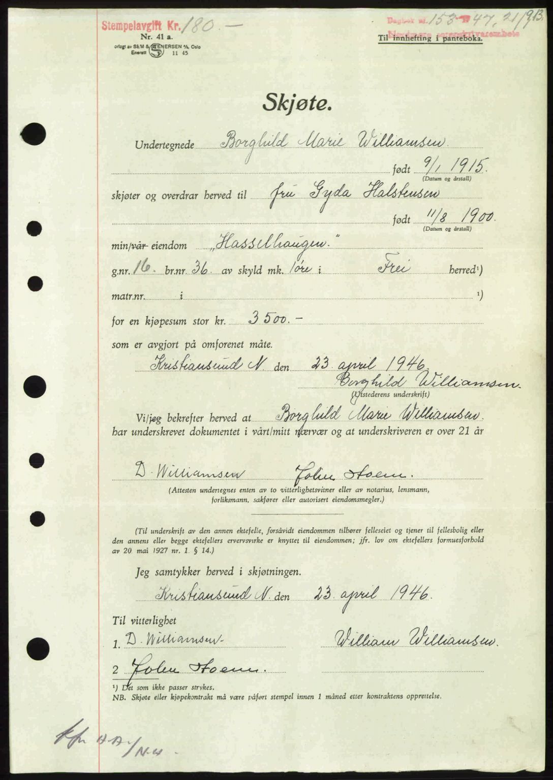 Nordmøre sorenskriveri, AV/SAT-A-4132/1/2/2Ca: Mortgage book no. A103, 1946-1947, Diary no: : 153/1947