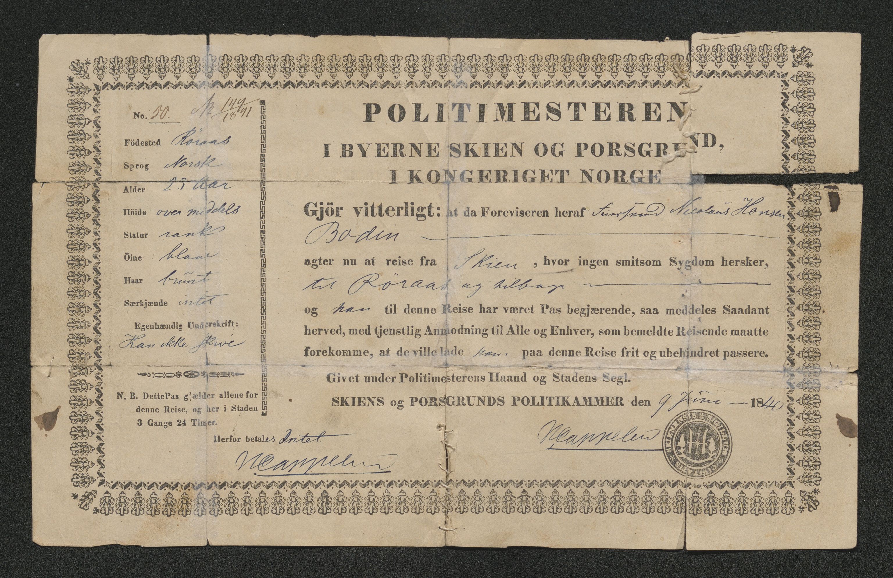 Drammen politikammer, AV/SAKO-A-623/I/Ia/Iab/L0006: Innleverte pass, 1841-1842, p. 206