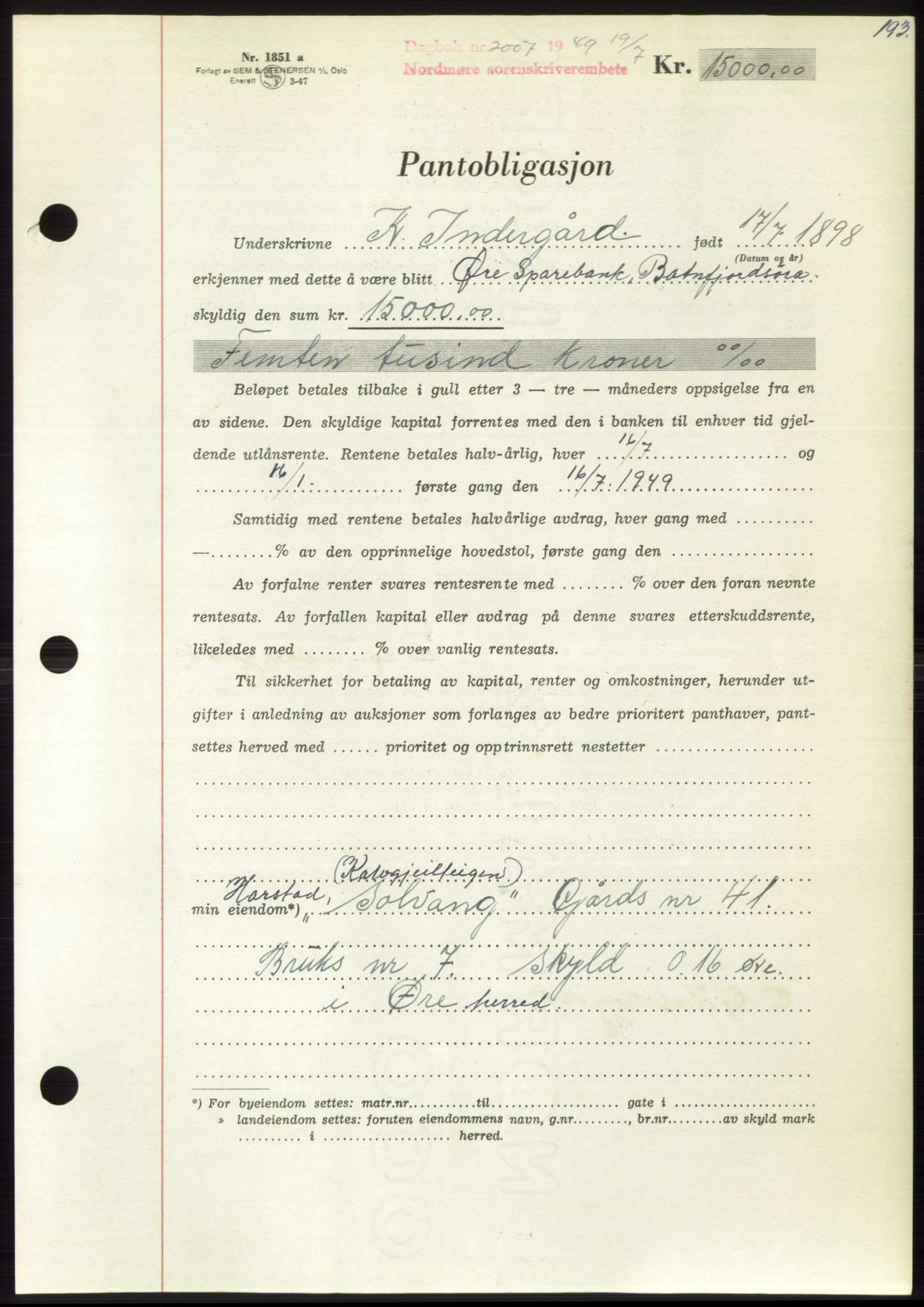 Nordmøre sorenskriveri, AV/SAT-A-4132/1/2/2Ca: Mortgage book no. B102, 1949-1949, Diary no: : 2007/1949