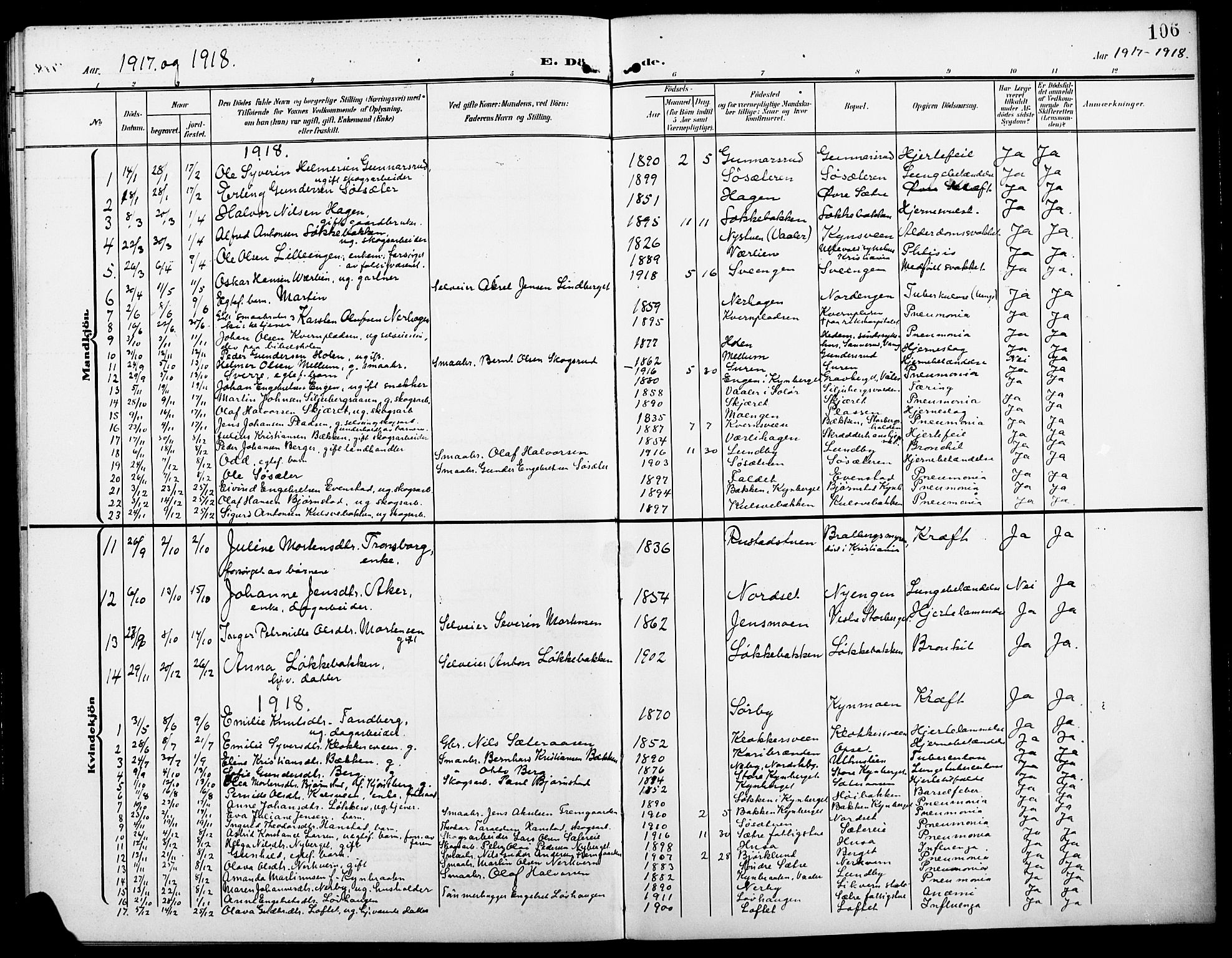 Elverum prestekontor, AV/SAH-PREST-044/H/Ha/Hab/L0008: Parish register (copy) no. 8, 1908-1918, p. 106