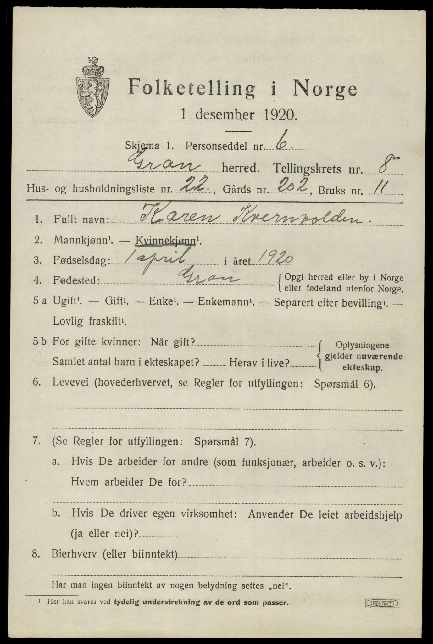 SAH, 1920 census for Gran, 1920, p. 10728