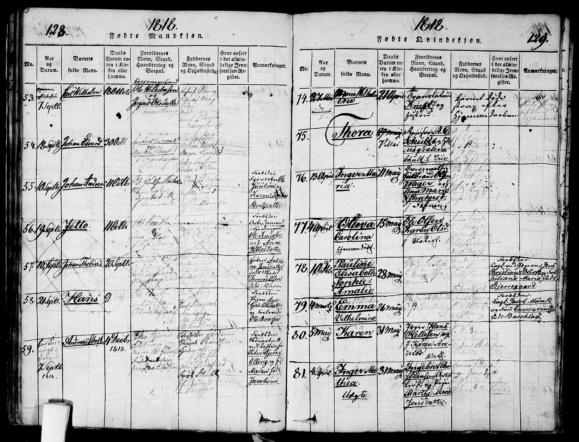 Garnisonsmenigheten Kirkebøker, SAO/A-10846/G/Ga/L0003: Parish register (copy) no. 3, 1815-1819, p. 128-129