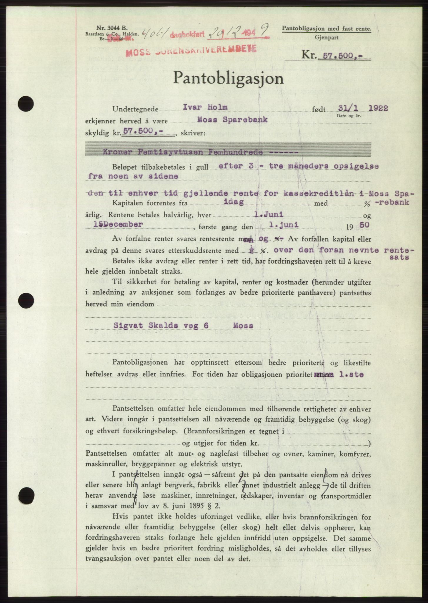 Moss sorenskriveri, SAO/A-10168: Mortgage book no. B23, 1949-1950, Diary no: : 4061/1949