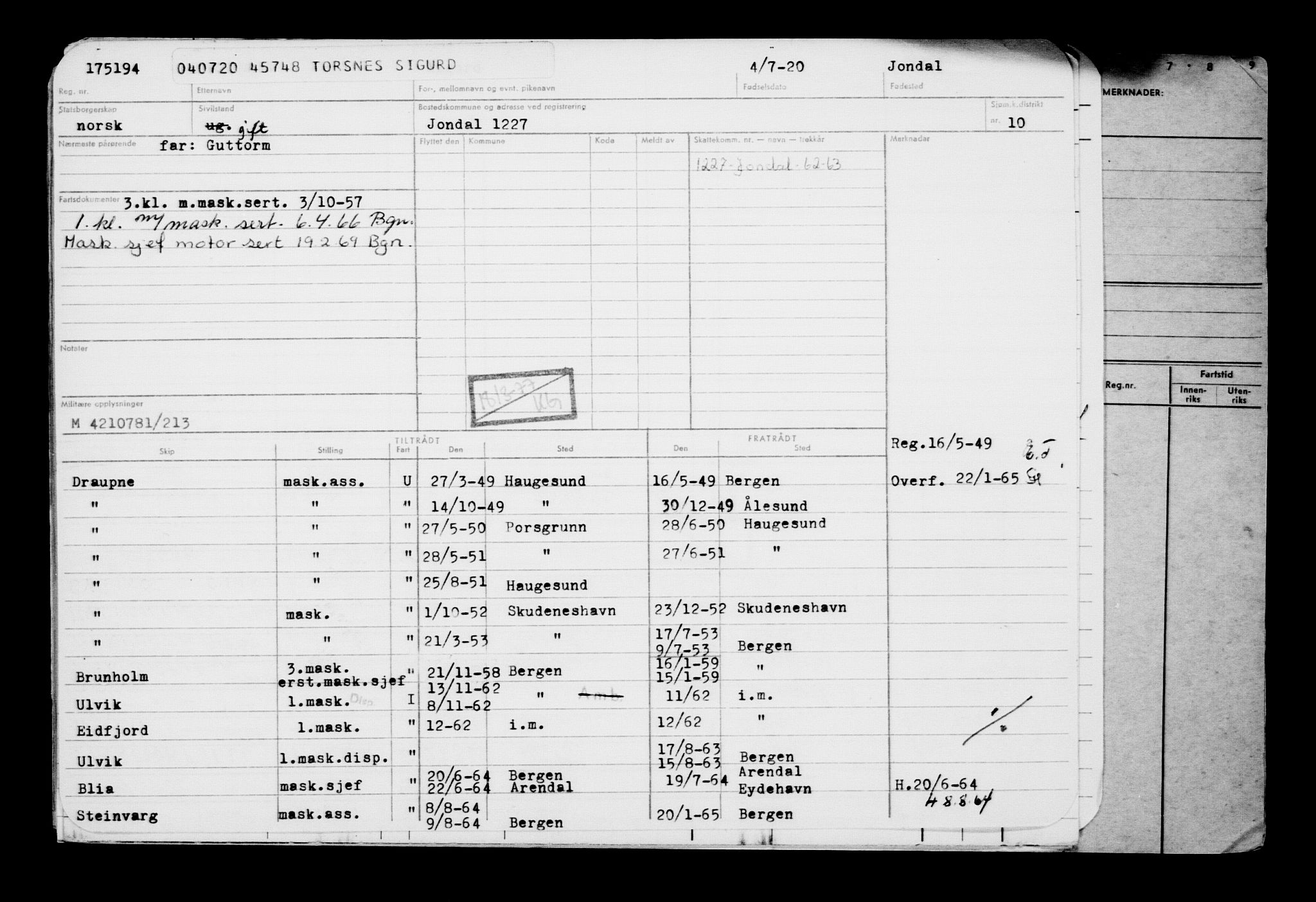 Direktoratet for sjømenn, AV/RA-S-3545/G/Gb/L0183: Hovedkort, 1920, p. 95