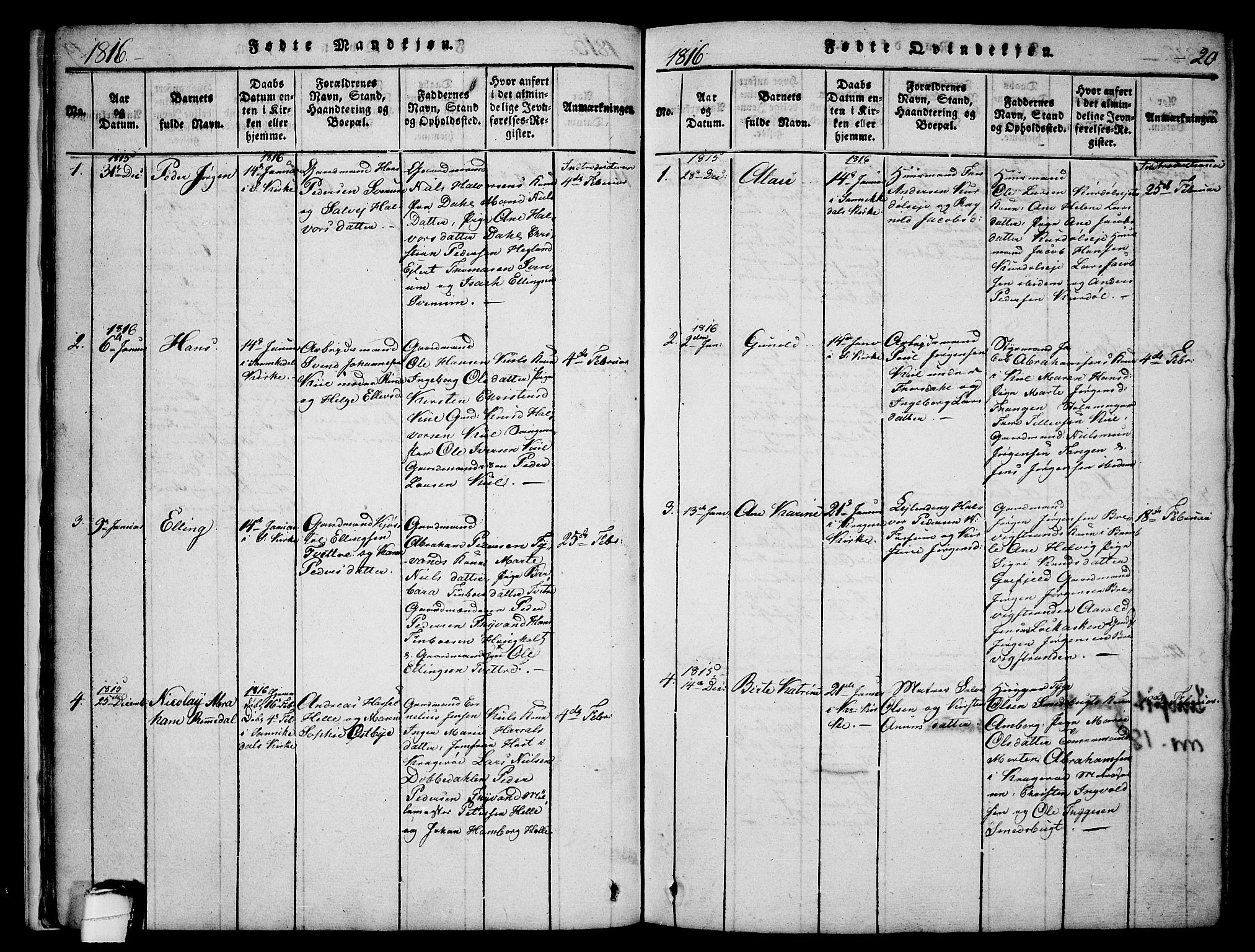 Sannidal kirkebøker, SAKO/A-296/F/Fa/L0004: Parish register (official) no. 4, 1814-1829, p. 20