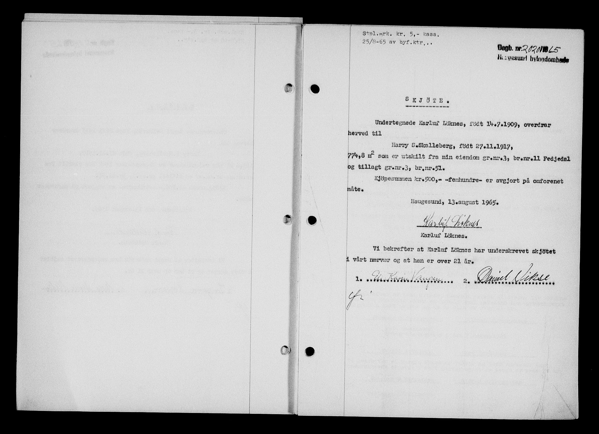 Haugesund tingrett, AV/SAST-A-101415/01/II/IIC/L0076: Mortgage book no. A 17, 1965-1966, Diary no: : 2020/1965