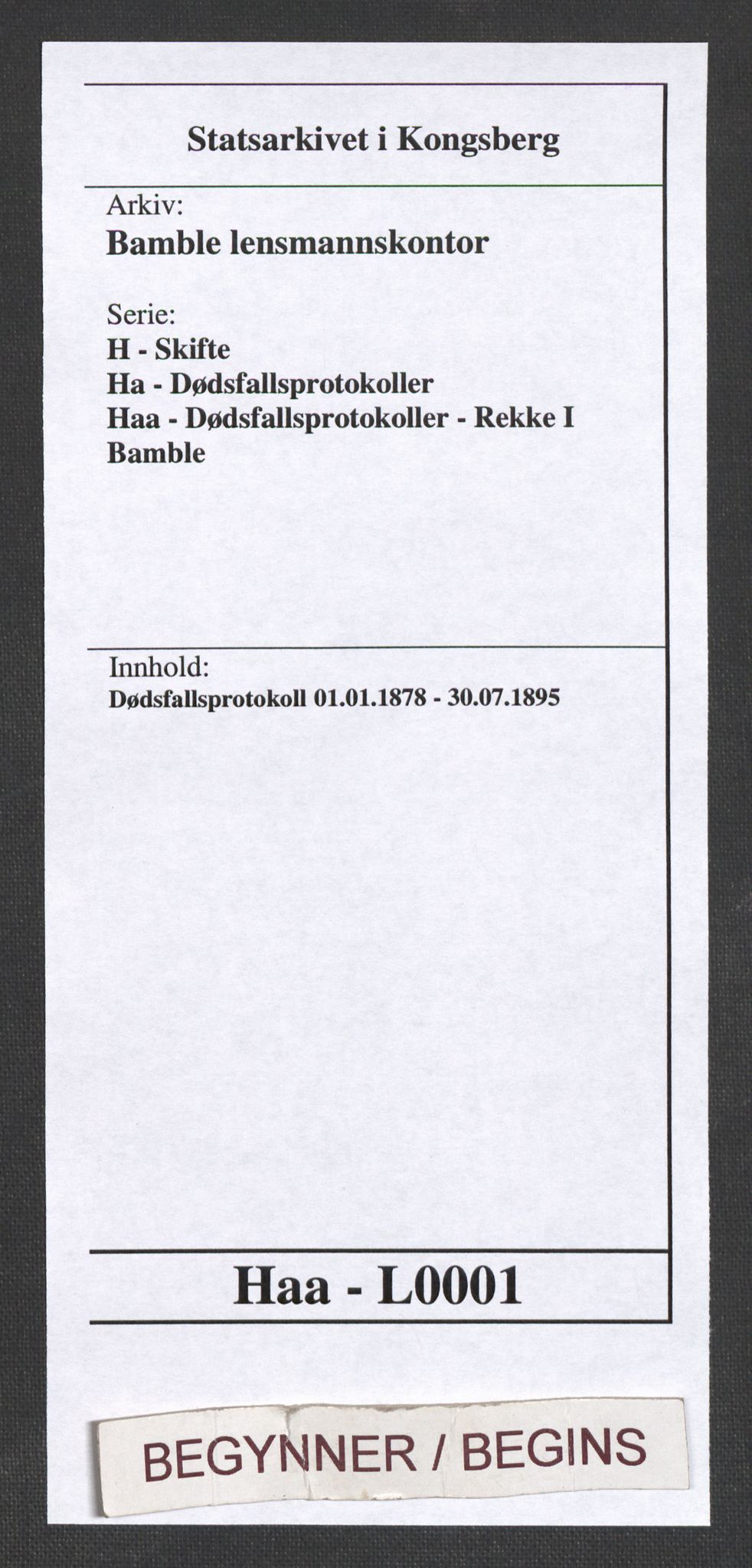Bamble lensmannskontor, SAKO/A-552/H/Ha/Haa/L0001: Dødsfallsprotokoll, 1878-1895