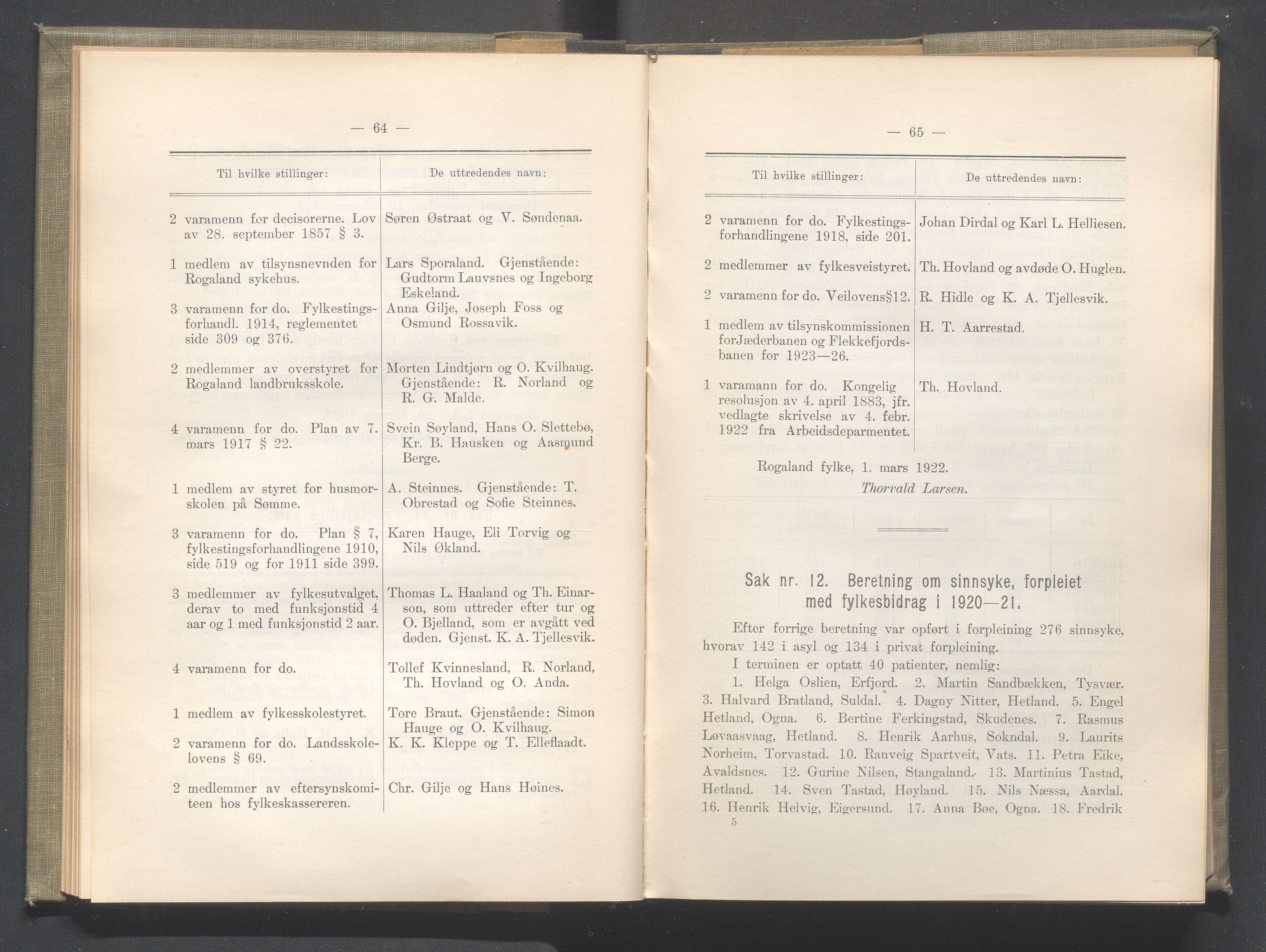 Rogaland fylkeskommune - Fylkesrådmannen , IKAR/A-900/A/Aa/Aaa/L0041: Møtebok , 1922, p. 64-65