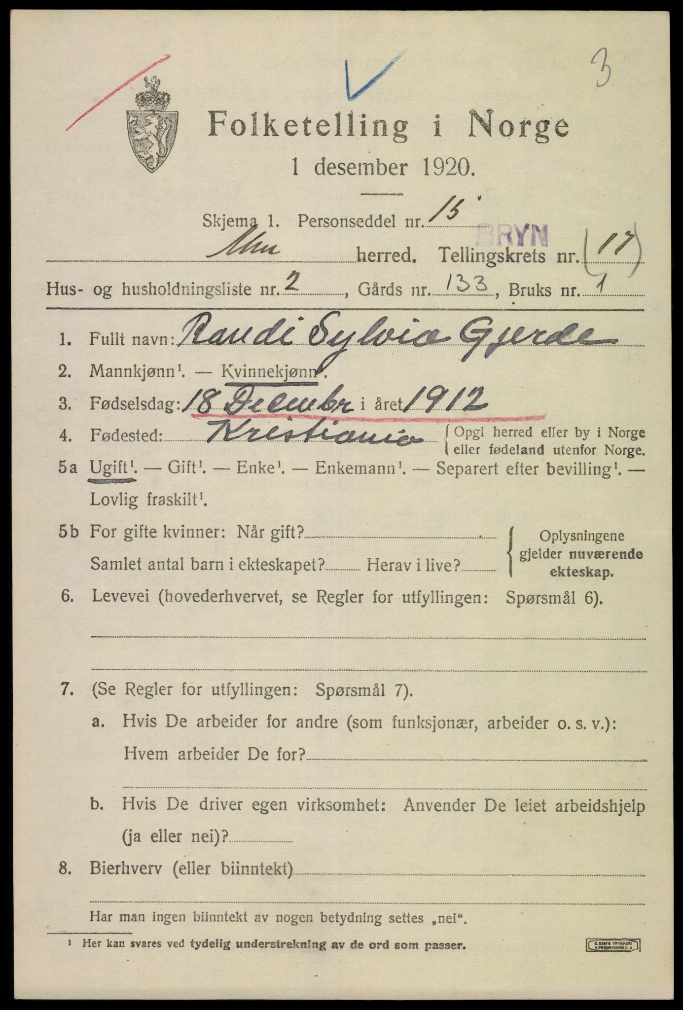 SAO, 1920 census for Aker, 1920, p. 99866