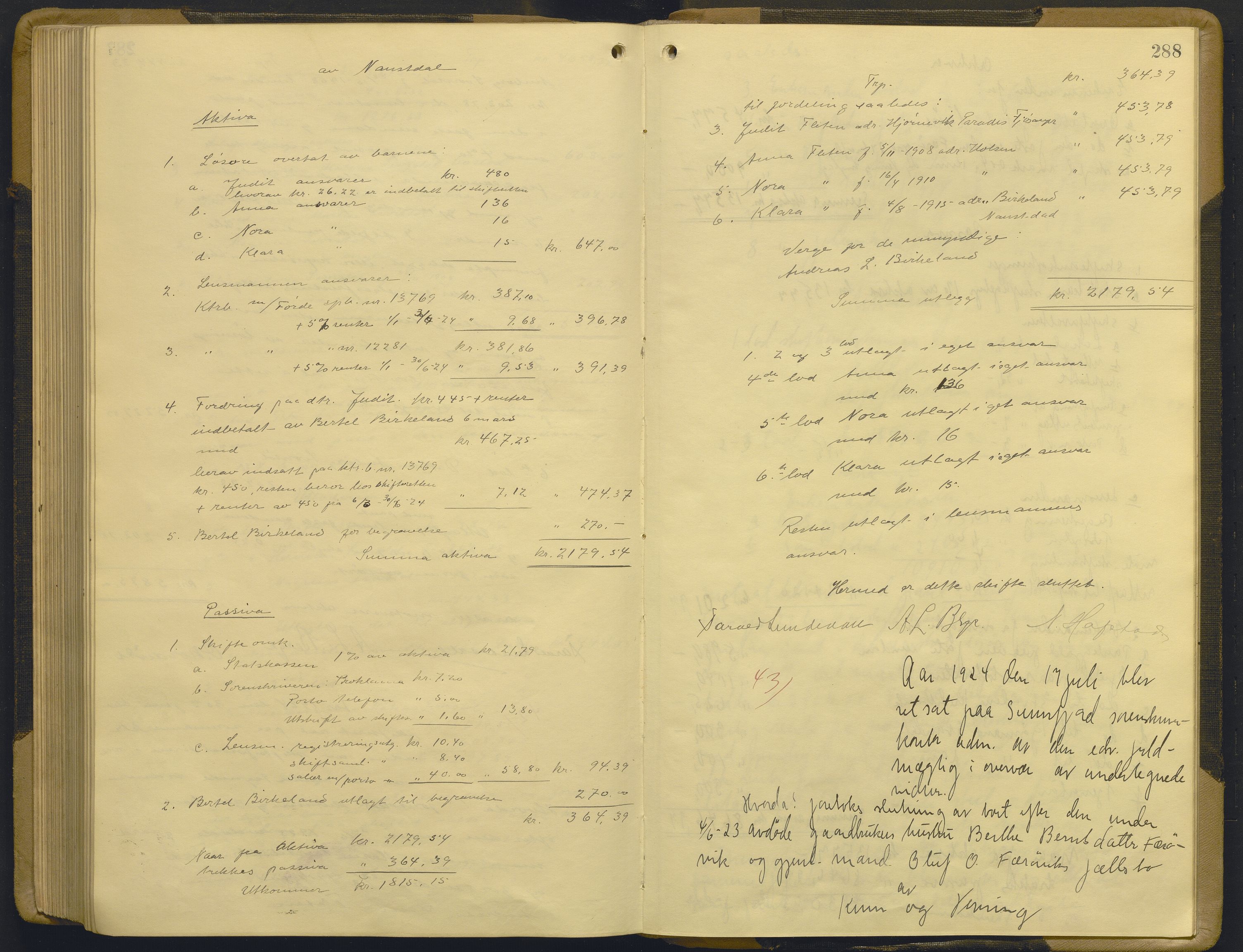 Sunnfjord tingrett, AV/SAB-A-3201/1/H/Hd/L0012: Skifteutlodningsprotokoll, 1920-1924, p. 287b-288a