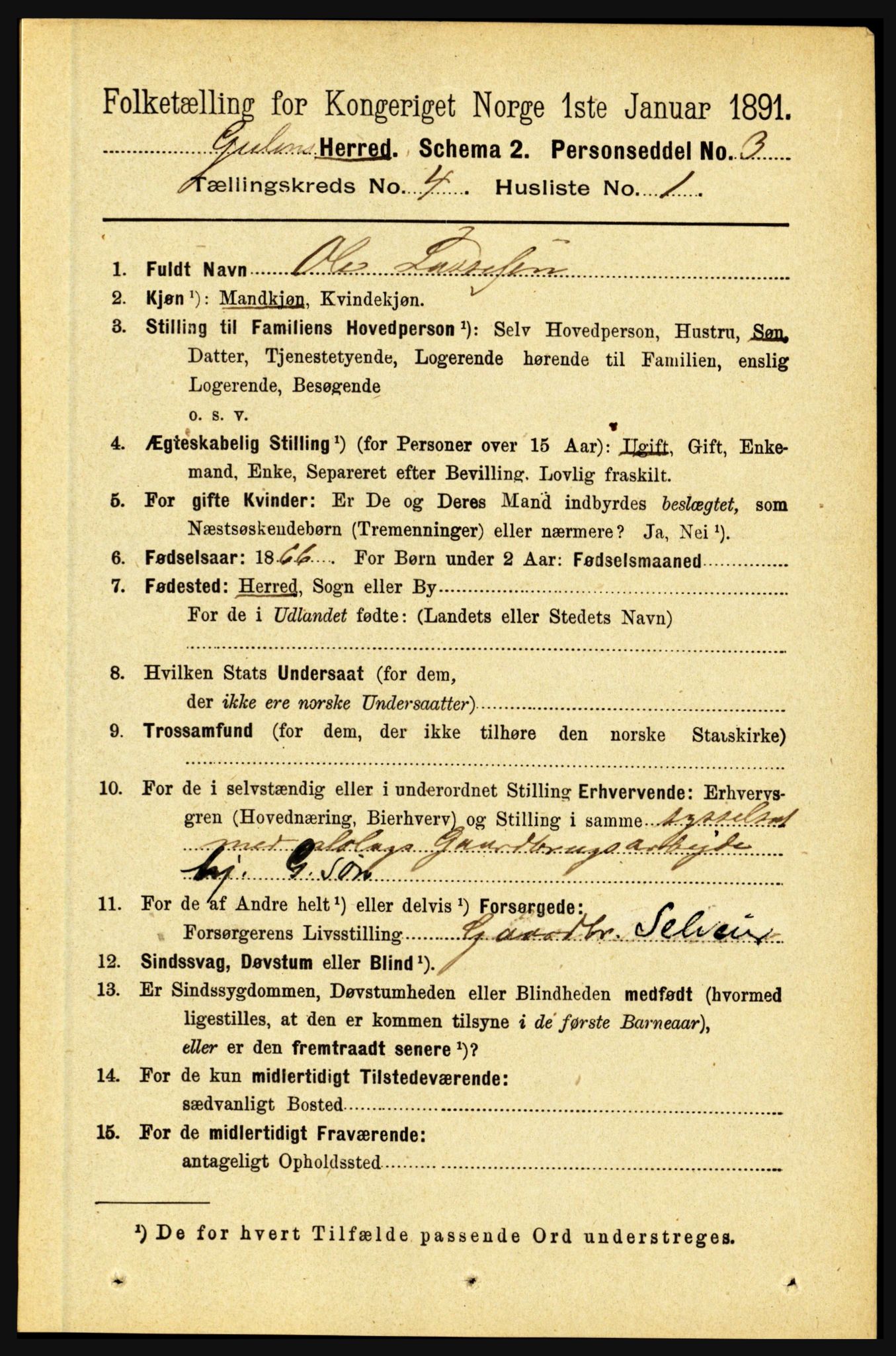 RA, 1891 census for 1411 Gulen, 1891, p. 1213