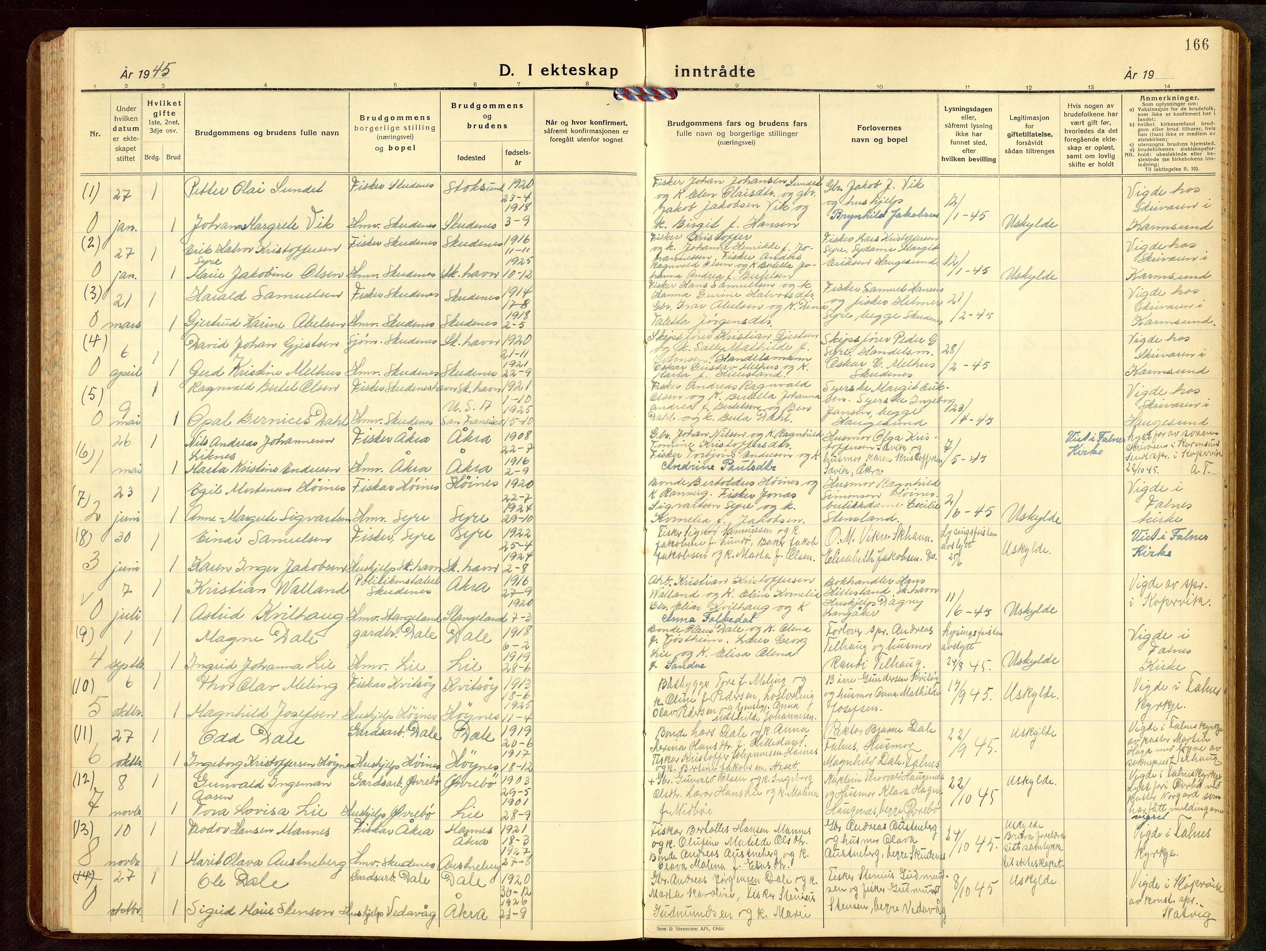 Skudenes sokneprestkontor, SAST/A -101849/H/Ha/Hab/L0013: Parish register (copy) no. B 13, 1937-1954, p. 166