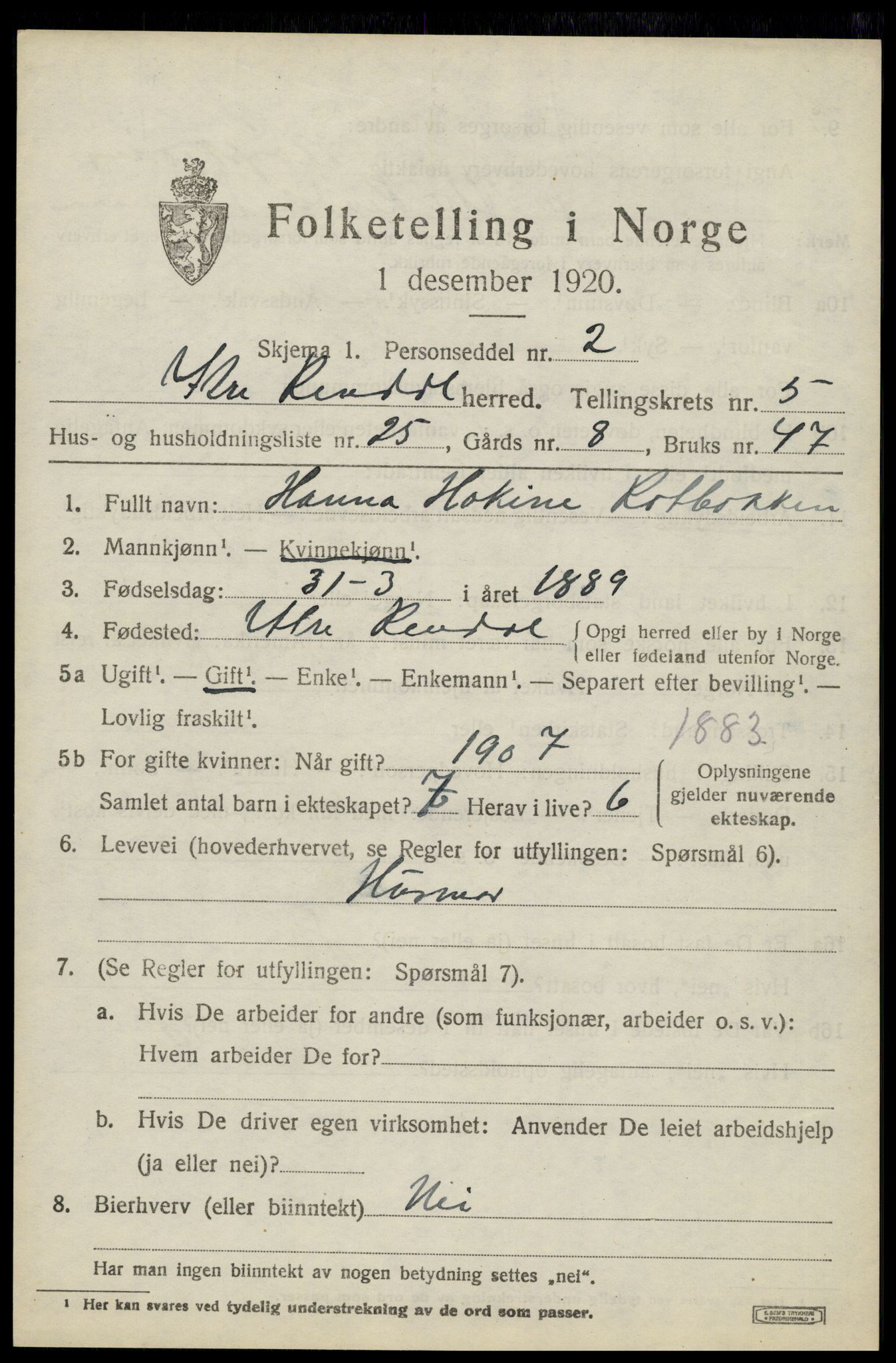 SAH, 1920 census for Ytre Rendal, 1920, p. 2923