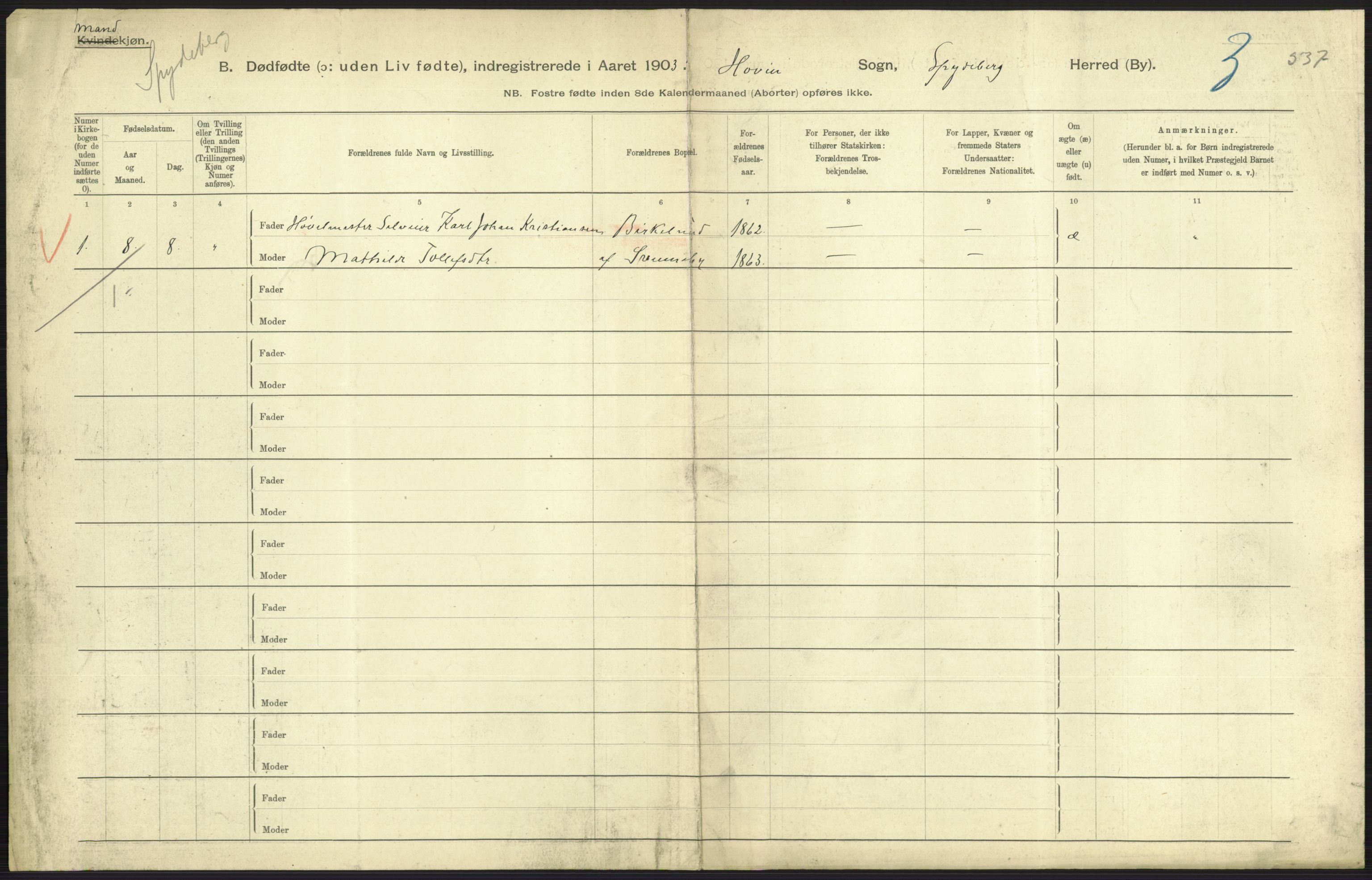 Statistisk sentralbyrå, Sosiodemografiske emner, Befolkning, AV/RA-S-2228/D/Df/Dfa/Dfaa/L0024: Smålenenes - Stavanger amt: Dødfødte. Bygder., 1903, p. 5