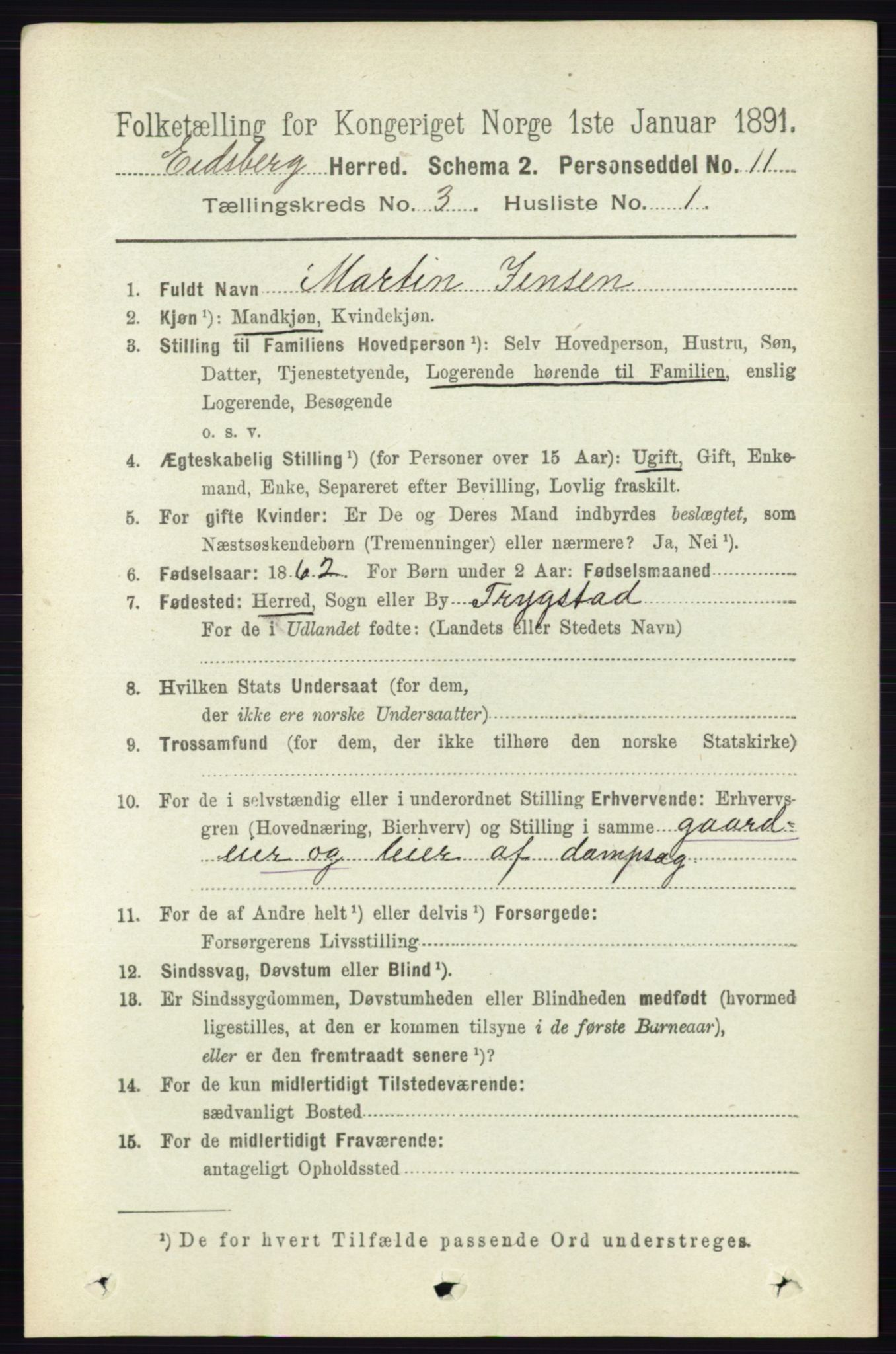 RA, 1891 census for 0125 Eidsberg, 1891, p. 1465