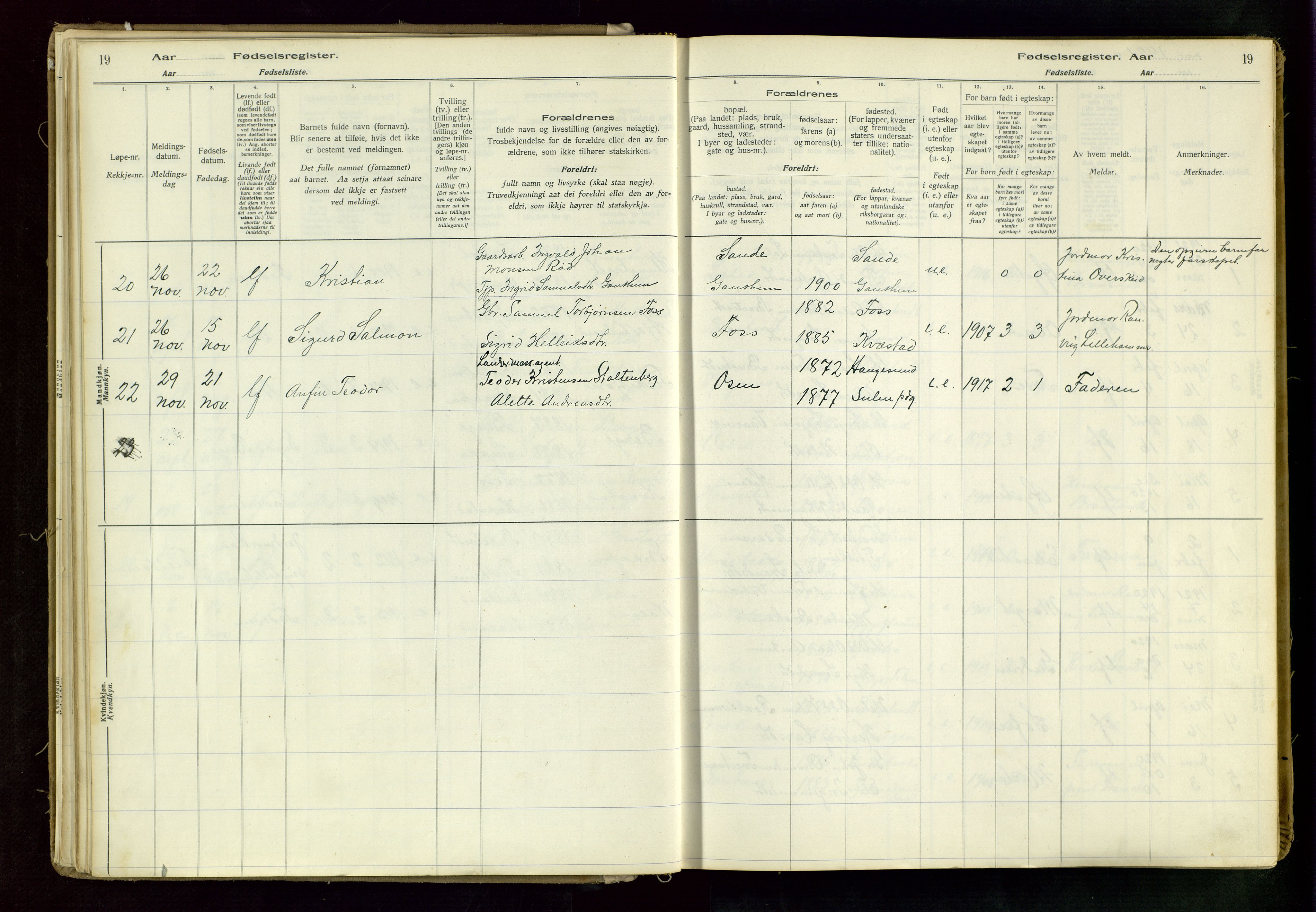 Suldal sokneprestkontor, AV/SAST-A-101845/03/A/L0002: Birth register no. 2, 1916-1982, p. 19