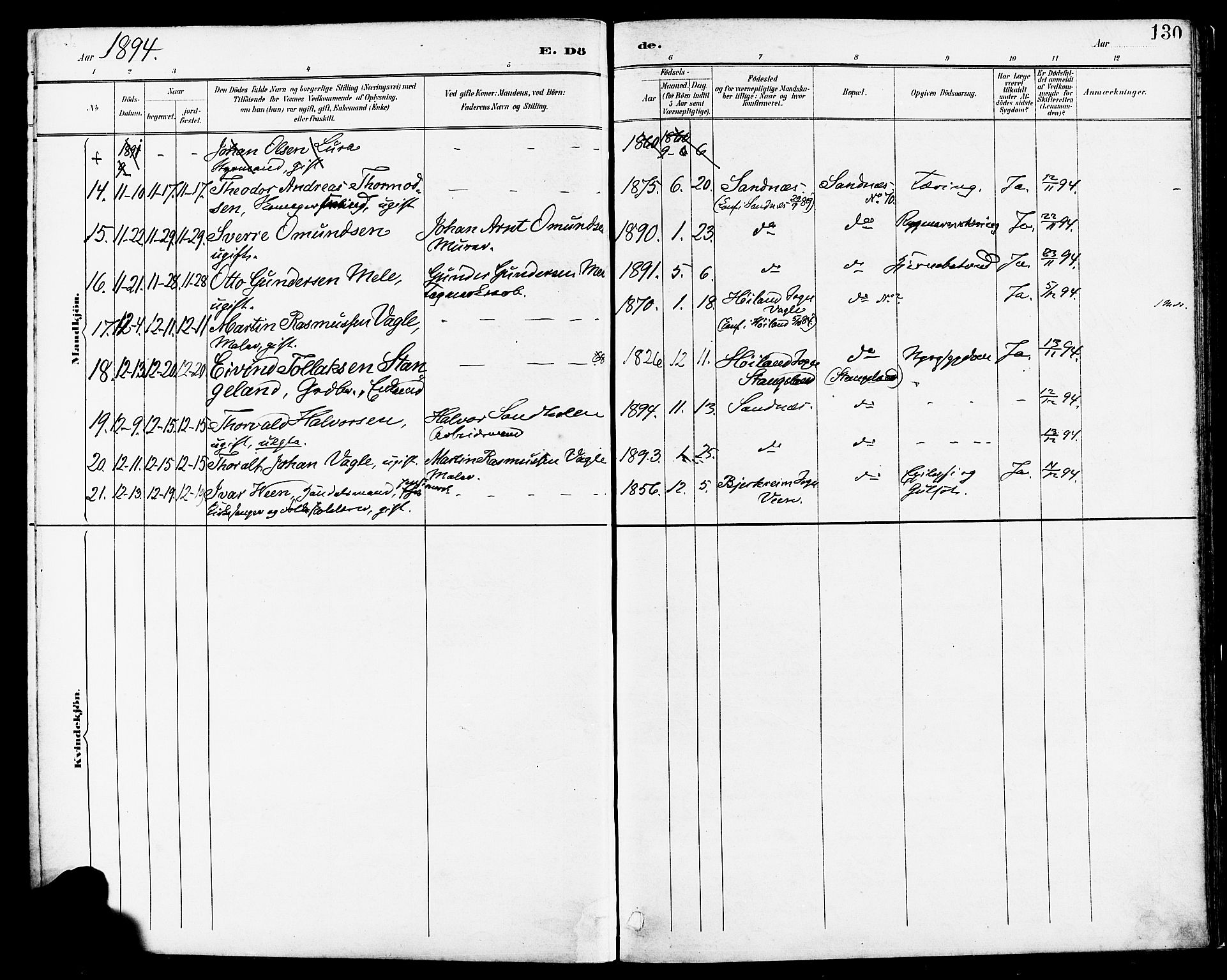 Høyland sokneprestkontor, AV/SAST-A-101799/001/30BA/L0014: Parish register (official) no. A 12, 1890-1898, p. 130