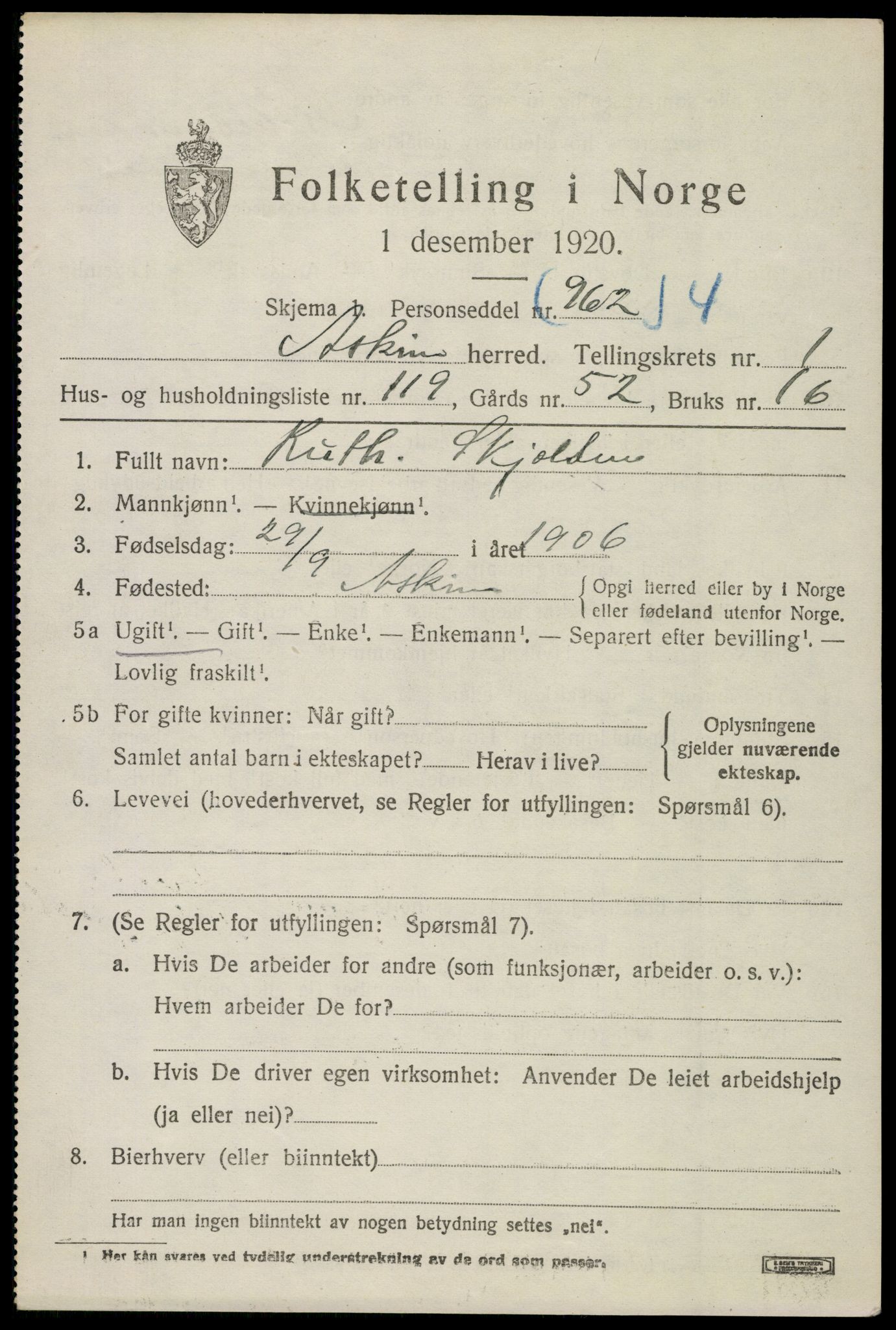 SAO, 1920 census for Askim, 1920, p. 3346