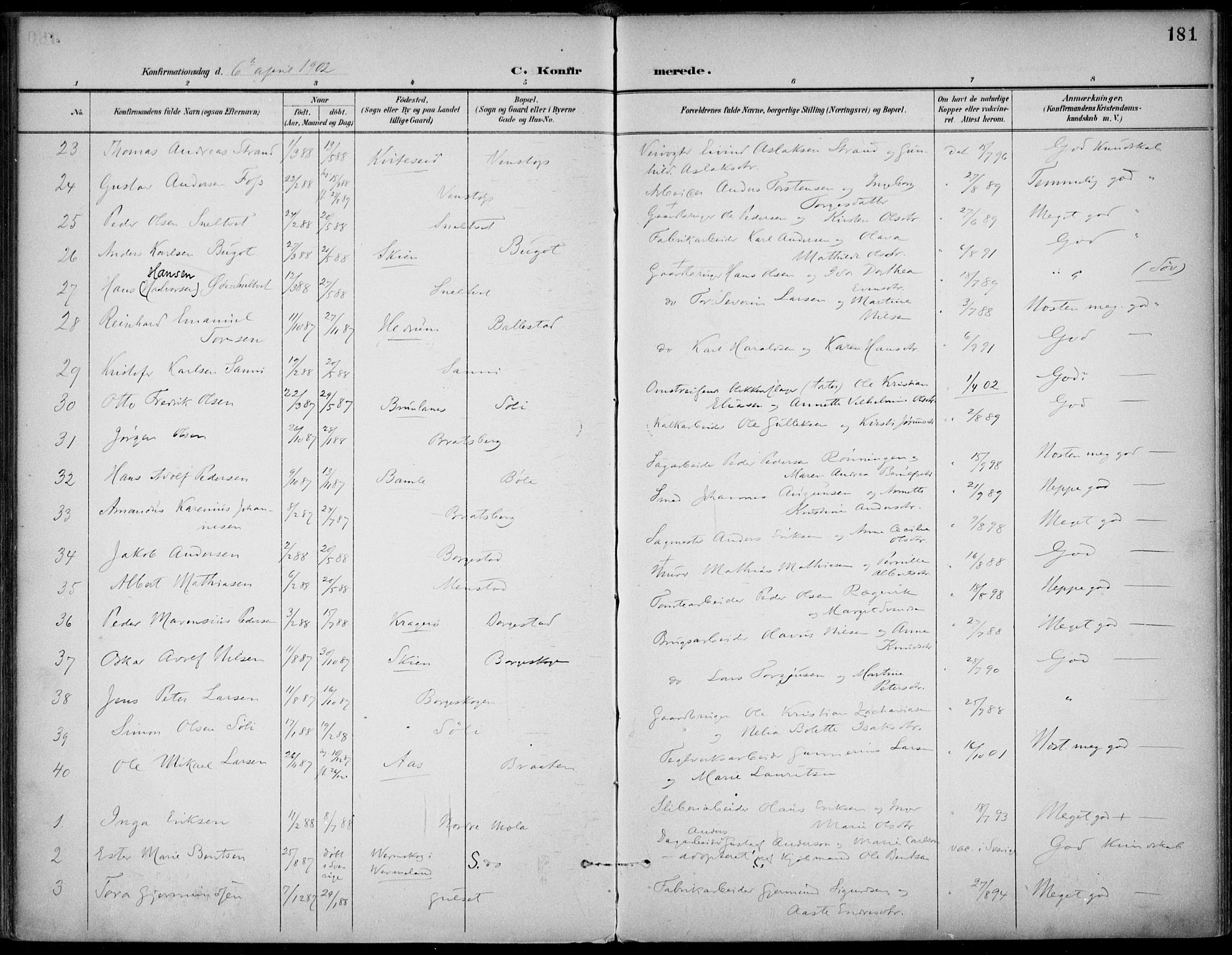 Gjerpen kirkebøker, AV/SAKO-A-265/F/Fa/L0011: Parish register (official) no. I 11, 1896-1904, p. 181