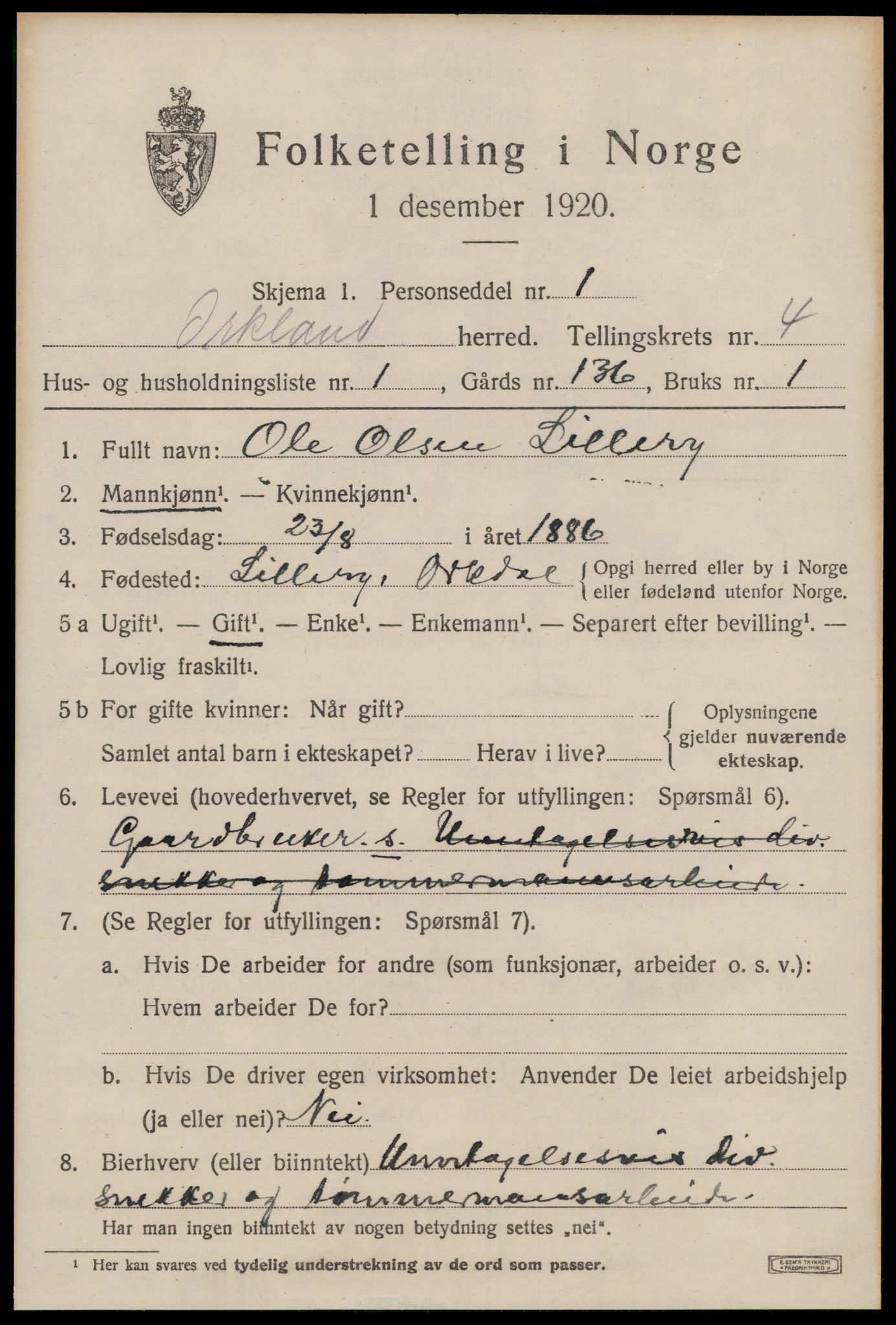 SAT, 1920 census for Orkland, 1920, p. 3334