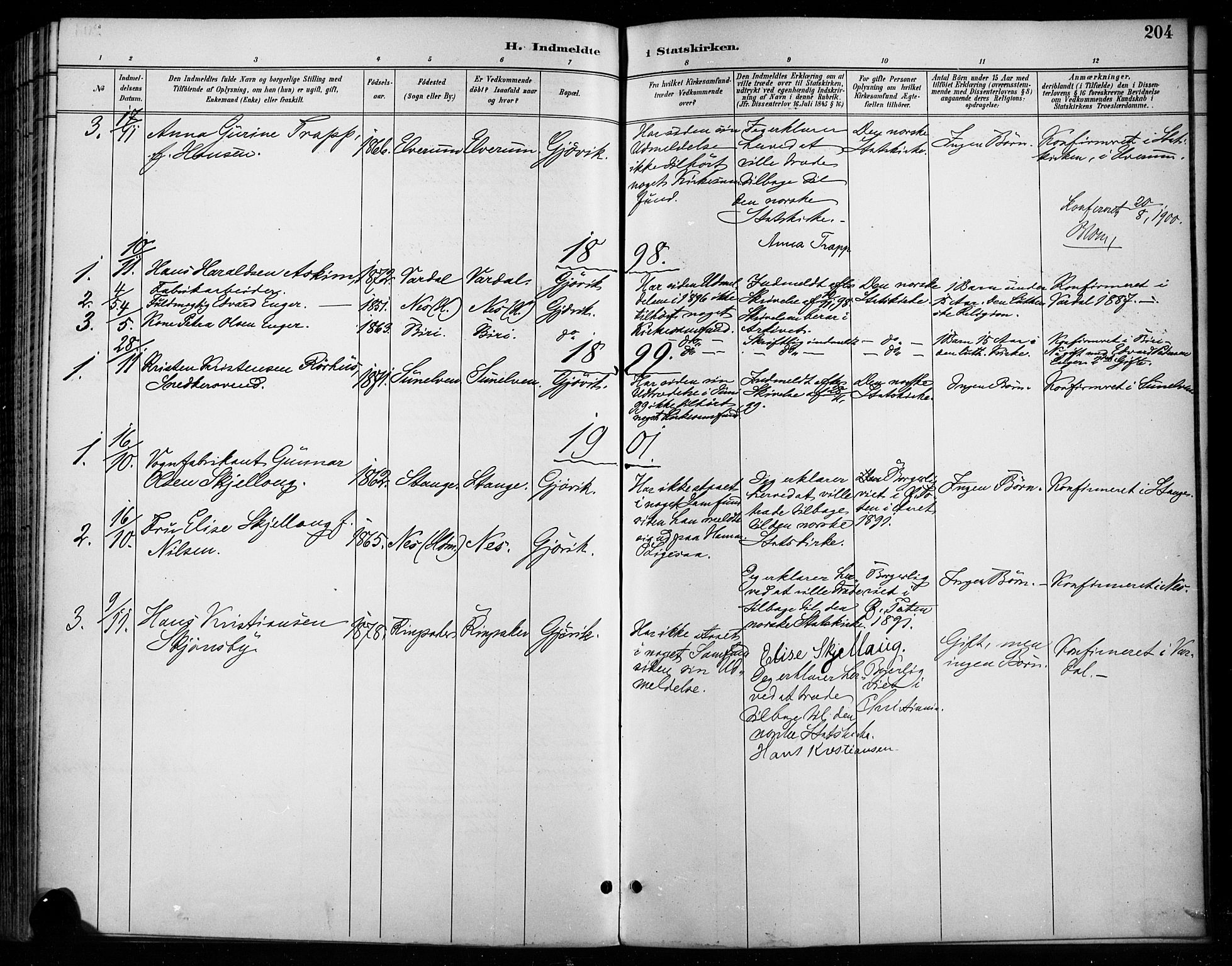 Vardal prestekontor, SAH/PREST-100/H/Ha/Haa/L0011: Parish register (official) no. 11, 1891-1901, p. 204