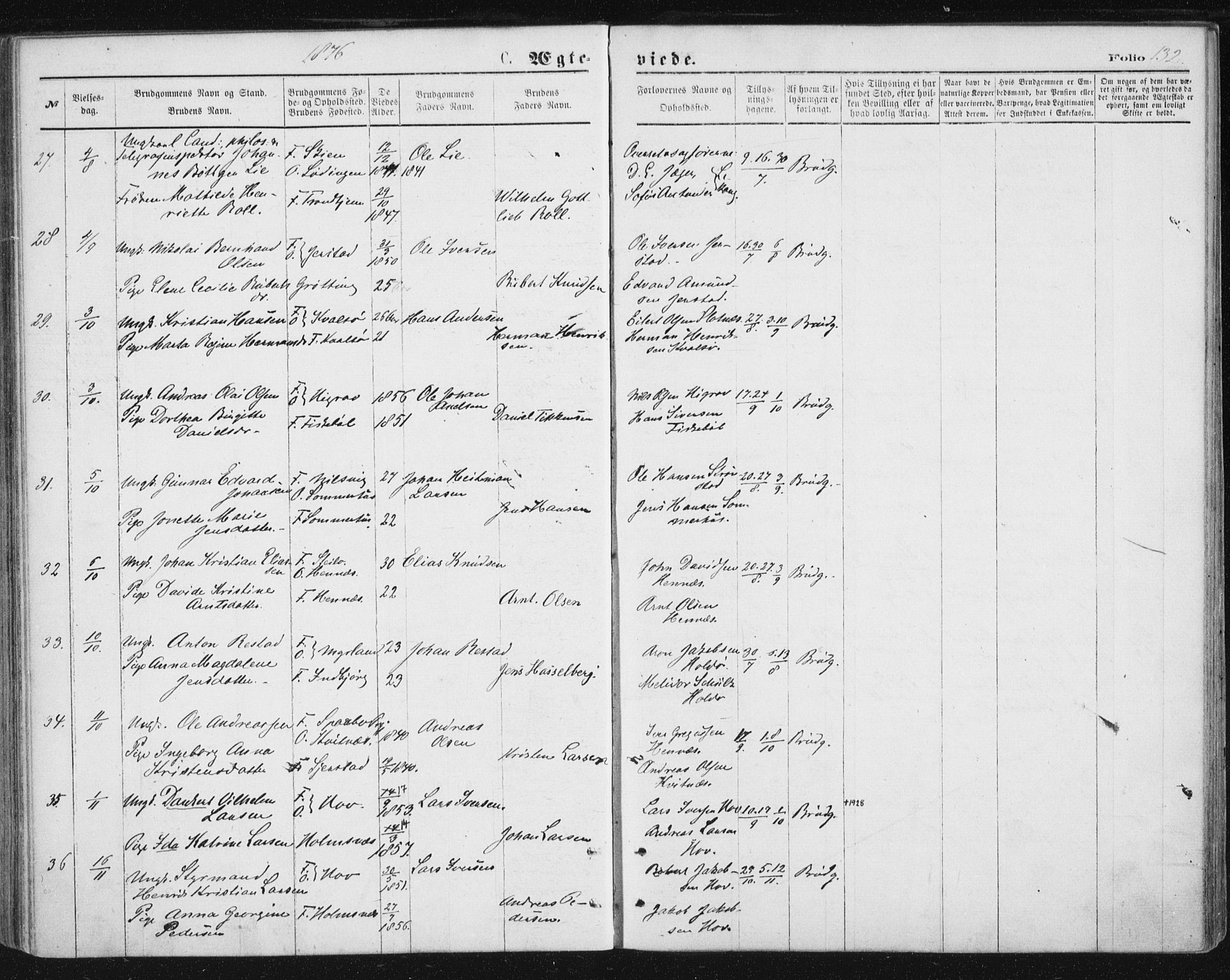Ministerialprotokoller, klokkerbøker og fødselsregistre - Nordland, SAT/A-1459/888/L1243: Parish register (official) no. 888A09, 1876-1879, p. 132