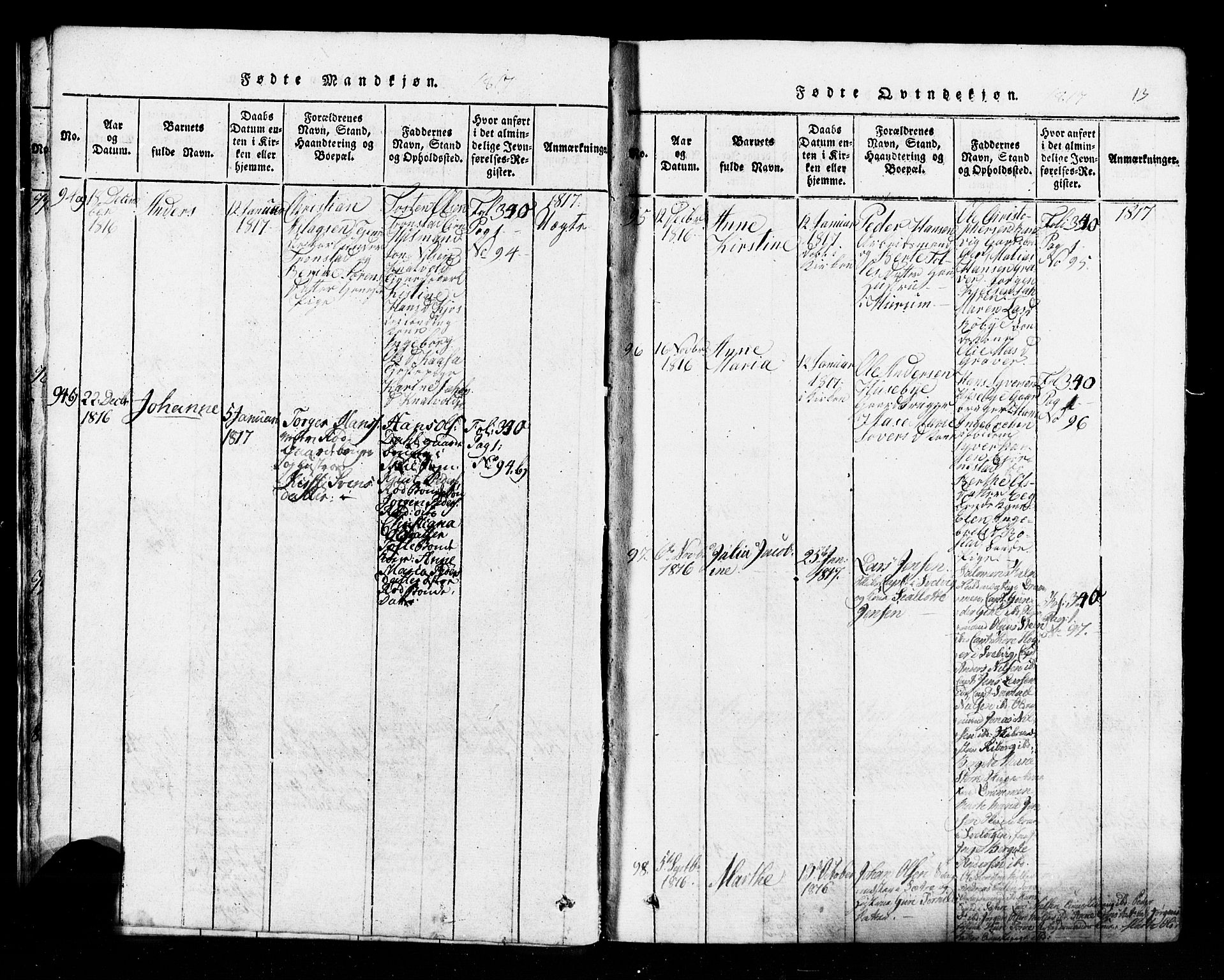 Hurum kirkebøker, AV/SAKO-A-229/G/Ga/L0001: Parish register (copy) no. I 1, 1816-1826, p. 13