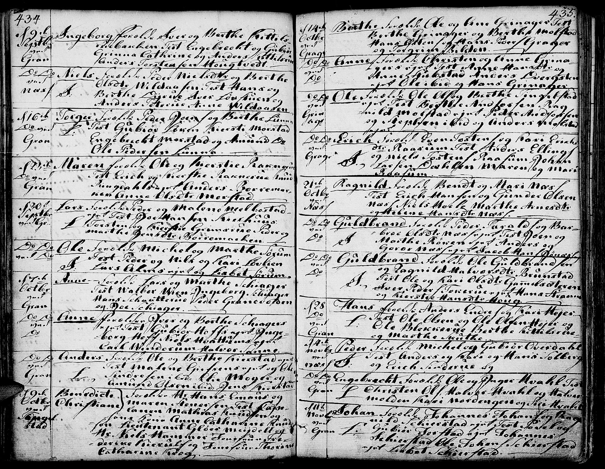 Gran prestekontor, AV/SAH-PREST-112/H/Ha/Haa/L0006: Parish register (official) no. 6, 1787-1824, p. 434-435