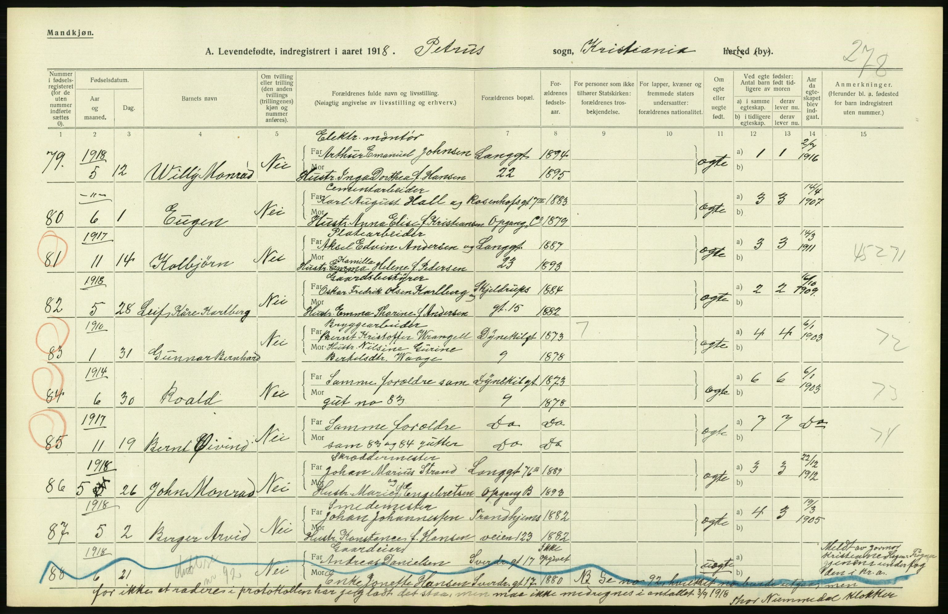 Statistisk sentralbyrå, Sosiodemografiske emner, Befolkning, AV/RA-S-2228/D/Df/Dfb/Dfbh/L0008: Kristiania: Levendefødte menn og kvinner., 1918, p. 604