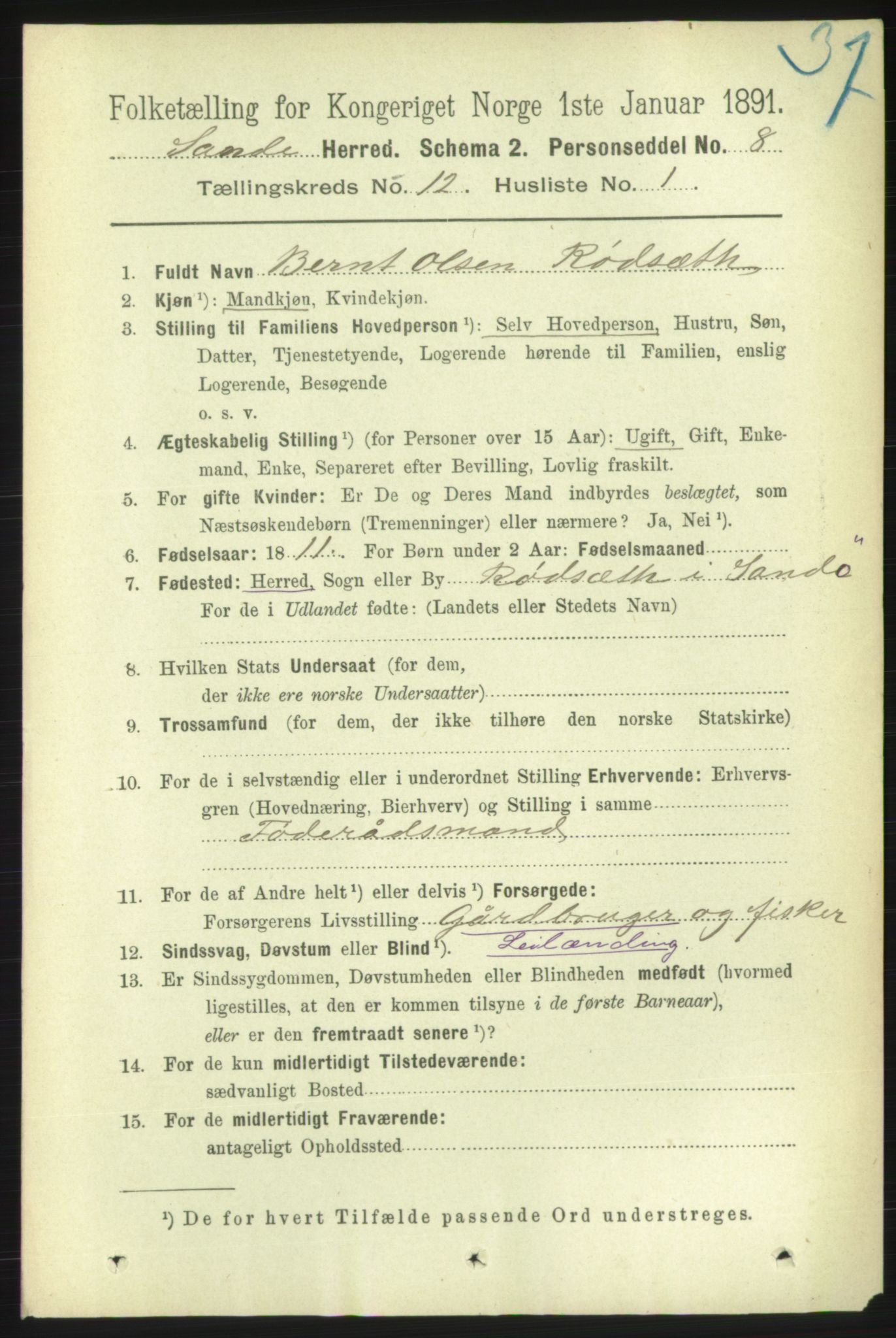 RA, 1891 census for 1514 Sande, 1891, p. 2246