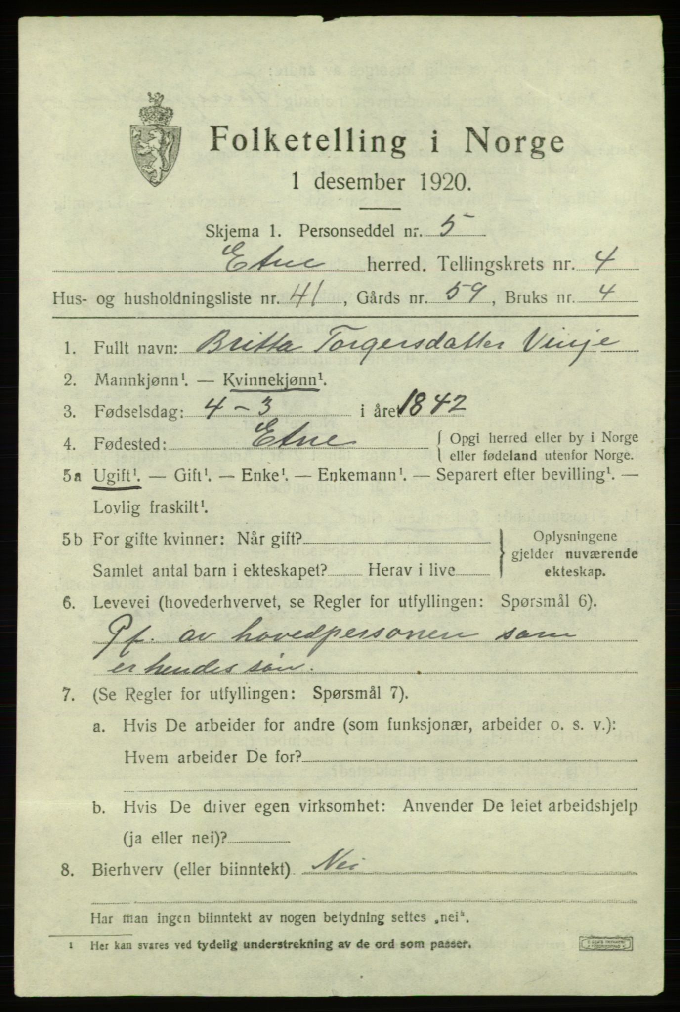 SAB, 1920 census for Etne, 1920, p. 2379