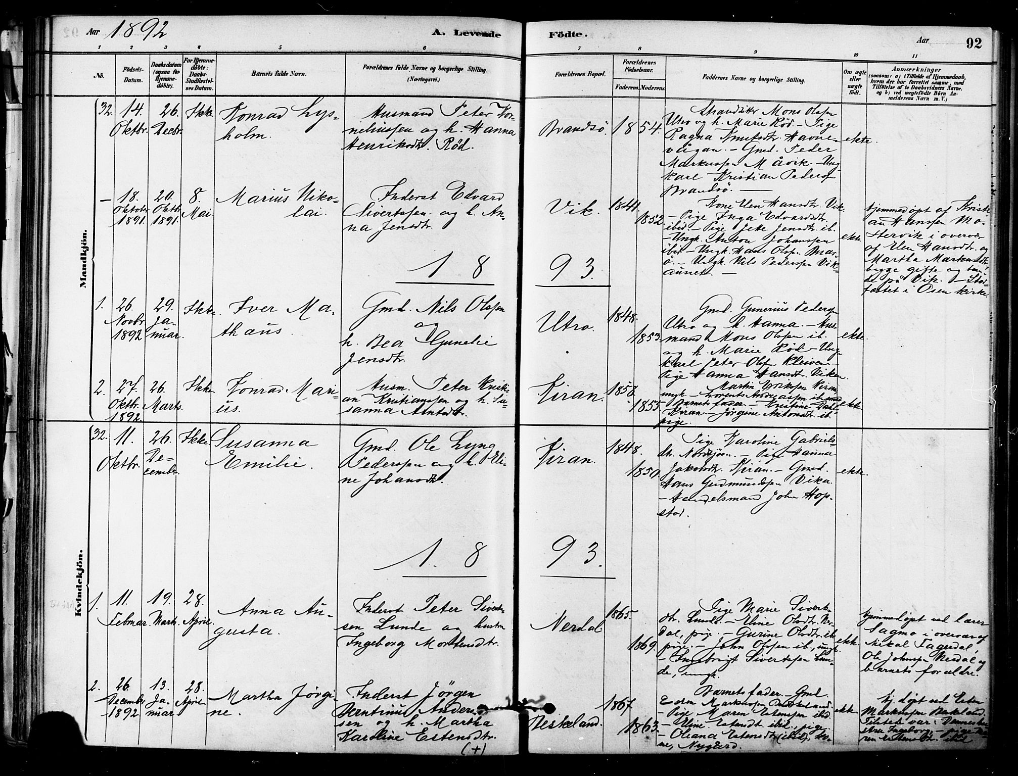 Ministerialprotokoller, klokkerbøker og fødselsregistre - Sør-Trøndelag, SAT/A-1456/657/L0707: Parish register (official) no. 657A08, 1879-1893, p. 92