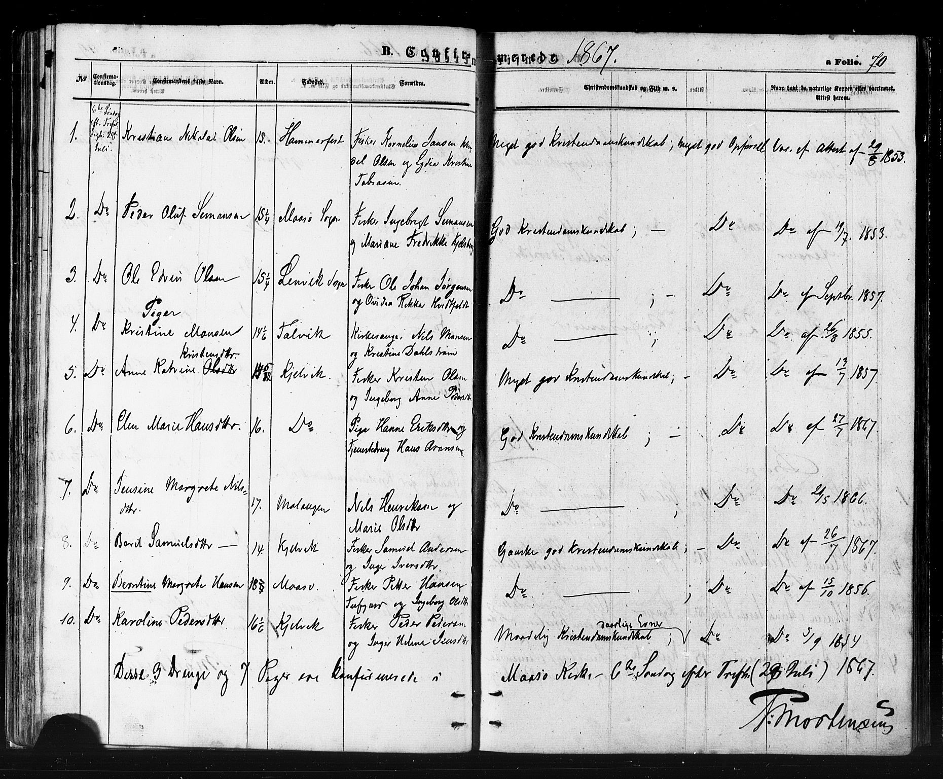 Måsøy sokneprestkontor, SATØ/S-1348/H/Ha/L0006kirke: Parish register (official) no. 6, 1861-1886, p. 70