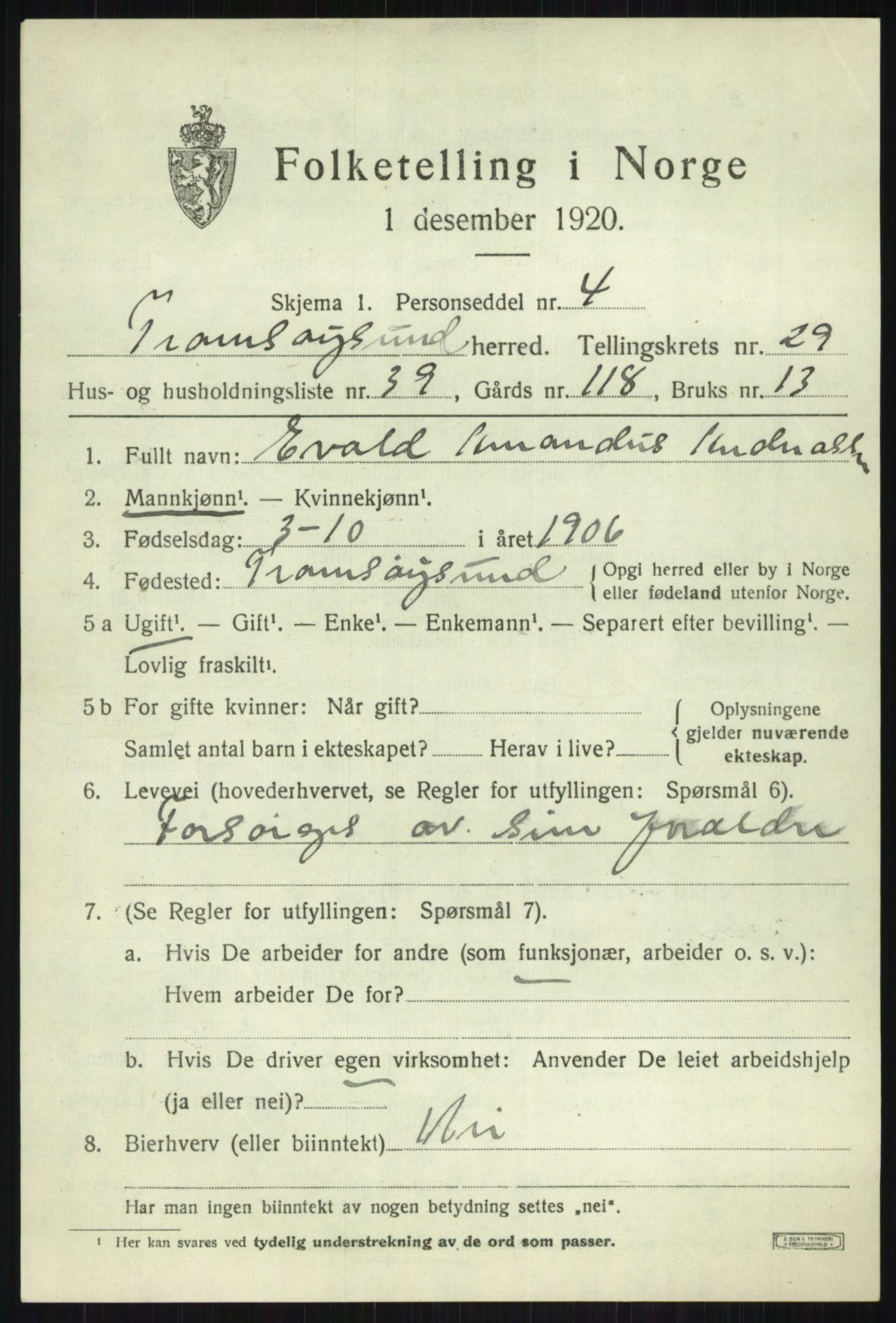 SATØ, 1920 census for Tromsøysund, 1920, p. 13822