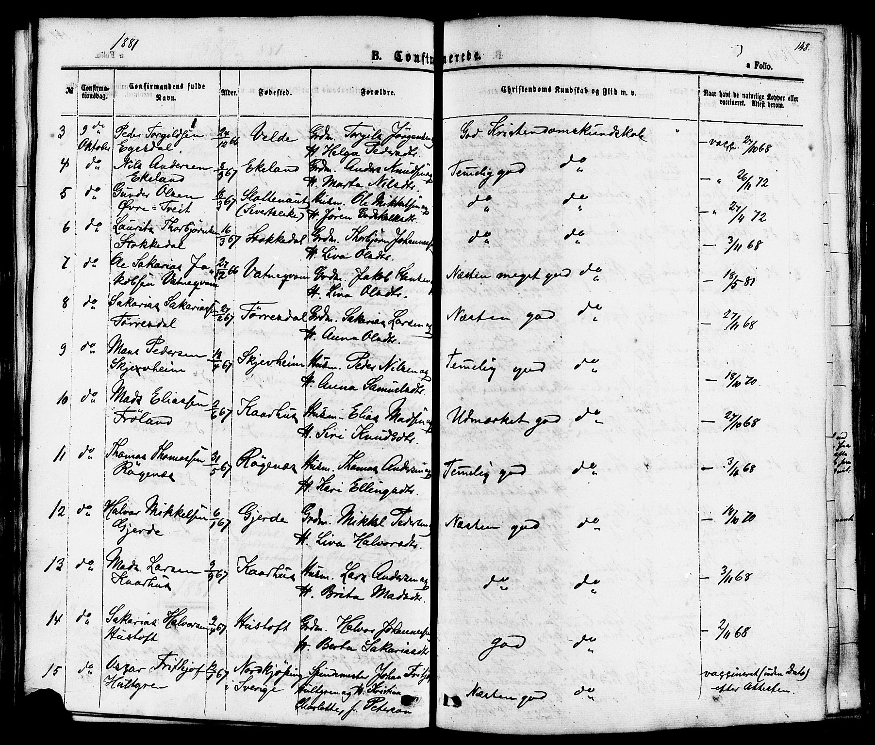 Skjold sokneprestkontor, AV/SAST-A-101847/H/Ha/Haa/L0007: Parish register (official) no. A 7, 1857-1882, p. 148