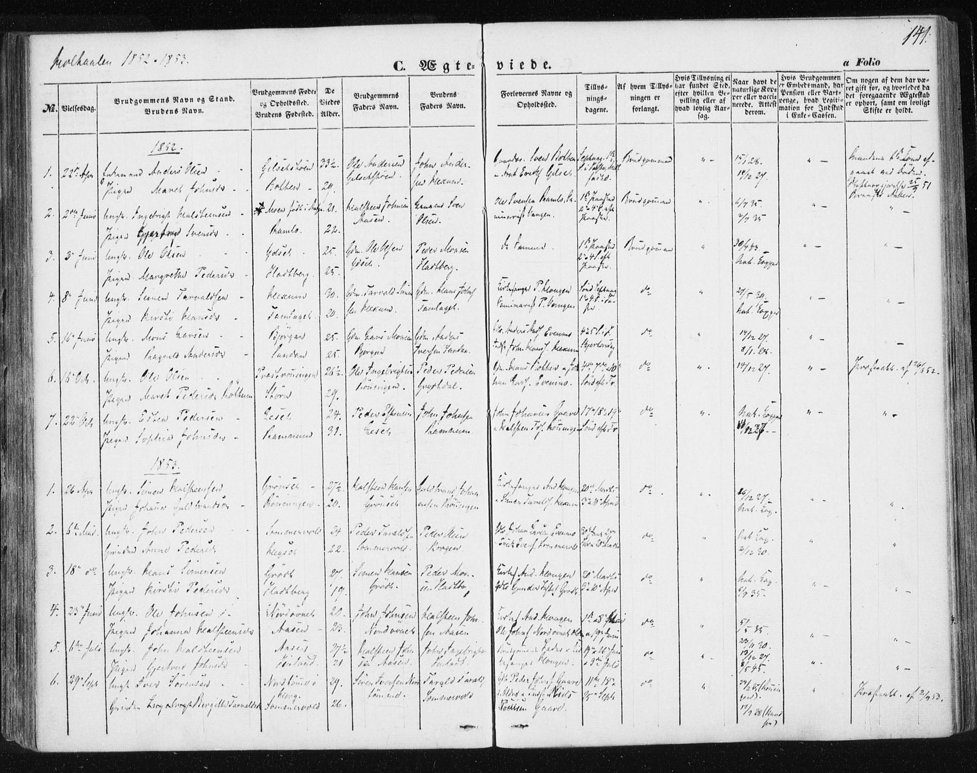 Ministerialprotokoller, klokkerbøker og fødselsregistre - Sør-Trøndelag, SAT/A-1456/685/L0963: Parish register (official) no. 685A06 /1, 1846-1859, p. 141