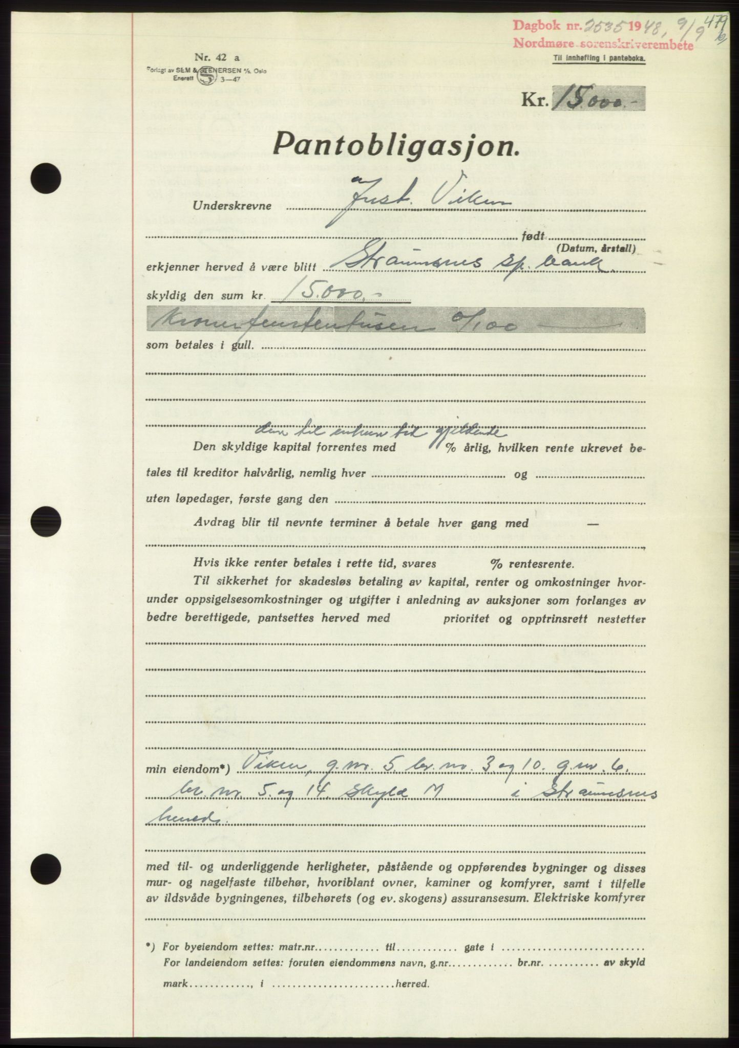 Nordmøre sorenskriveri, AV/SAT-A-4132/1/2/2Ca: Mortgage book no. B99, 1948-1948, Diary no: : 2535/1948